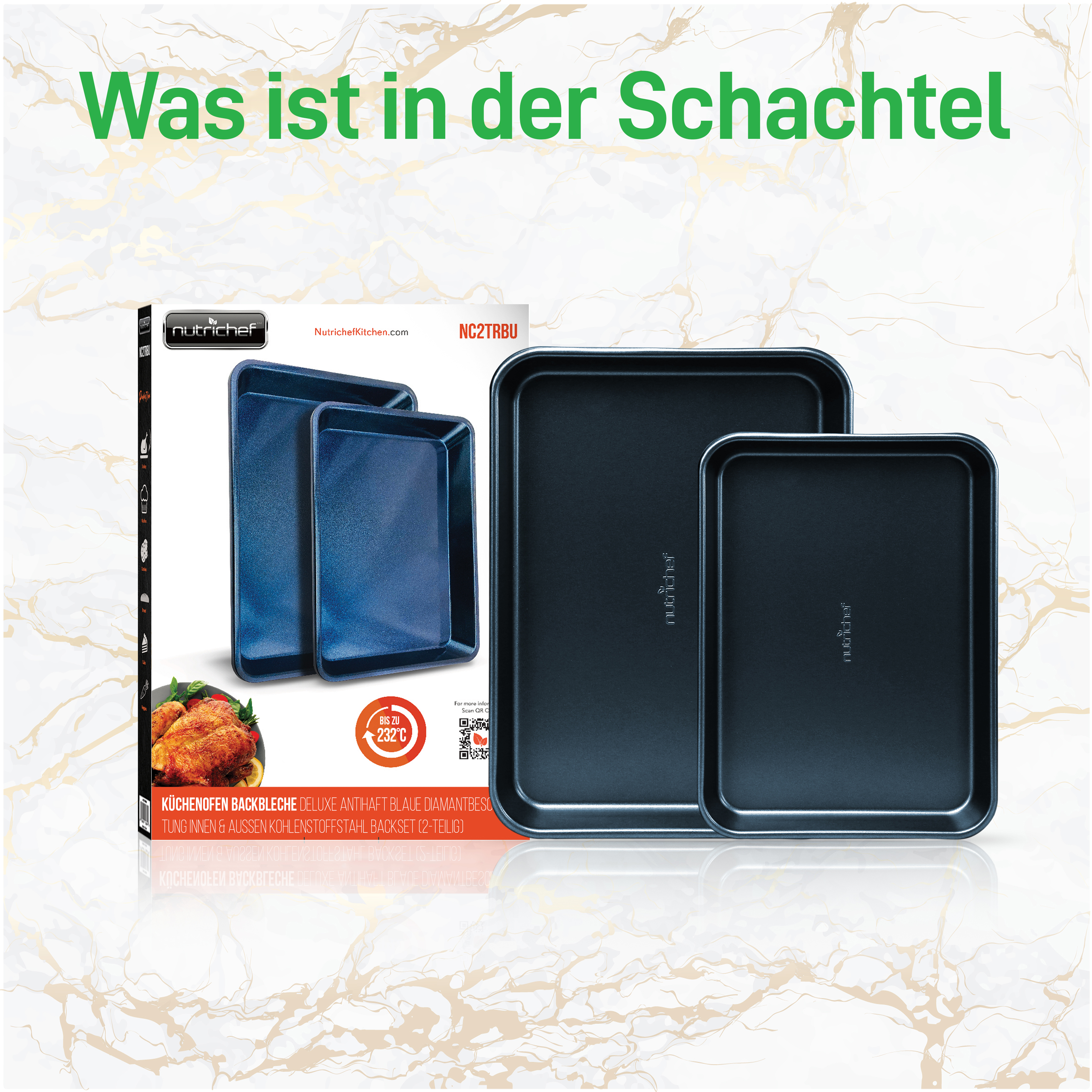Drei dunkelblaue Backbleche der Marke Nutrichef liegen nebeneinander.