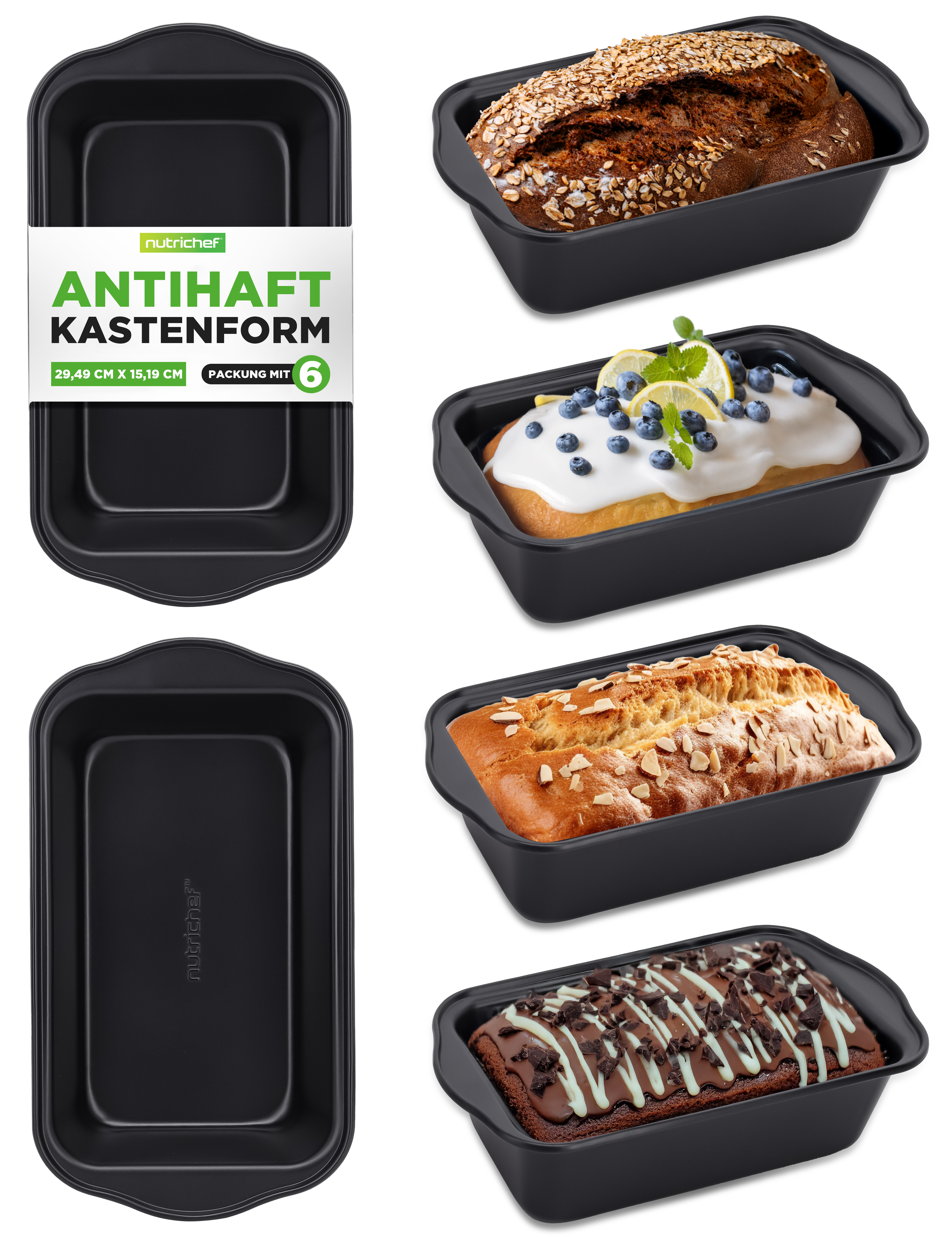 Vier schwarze Kastenformen mit gebackenen Broten und Kuchen.