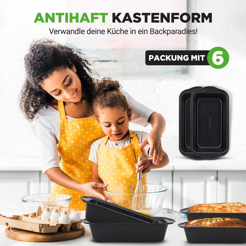 Mutter und Kind backen zusammen. Antihaft-Kastenformen sind zu sehen.