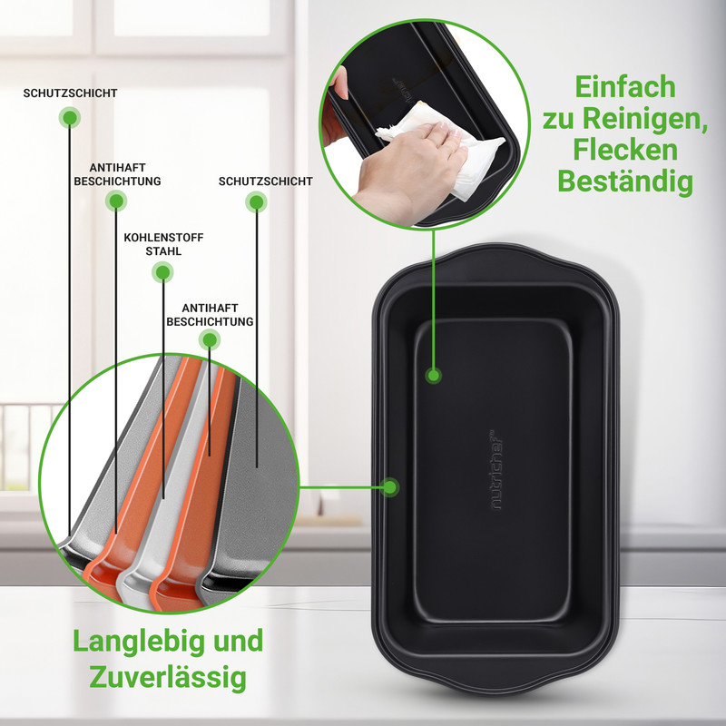 Aufnahme einer schwarzen Backform mit Detailansicht der Schichten und Reinigung.