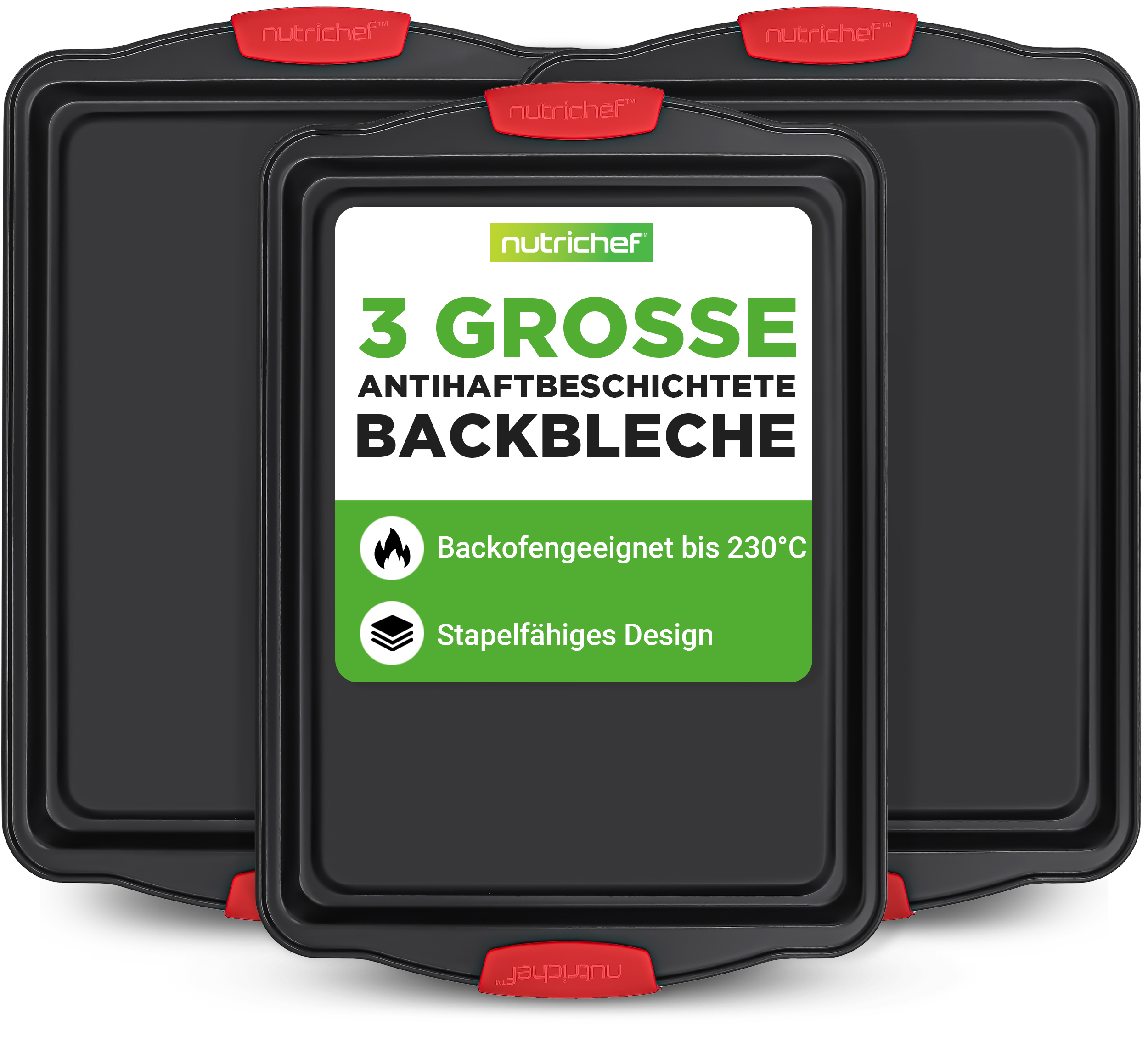 Drei schwarze Backbleche mit roten Griffen und Beschriftung.