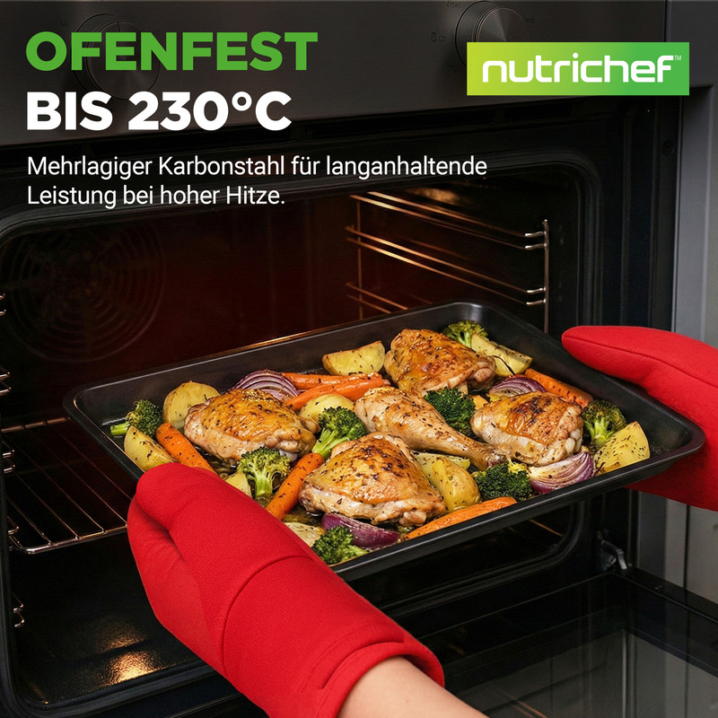 Ofenfeste Schale mit Brathähnchen, Kartoffeln, Karotten, Brokkoli und Zwiebeln.