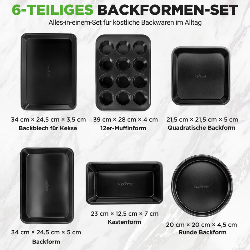 Sechs schwarze Backformen: Kasten-, Muffinform, runde und rechteckige Formen.