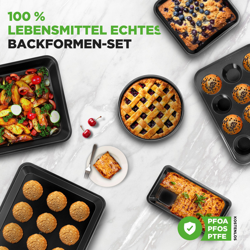 Backformen mit Kuchen, Muffins, Keksen, Auflauf und Obst.