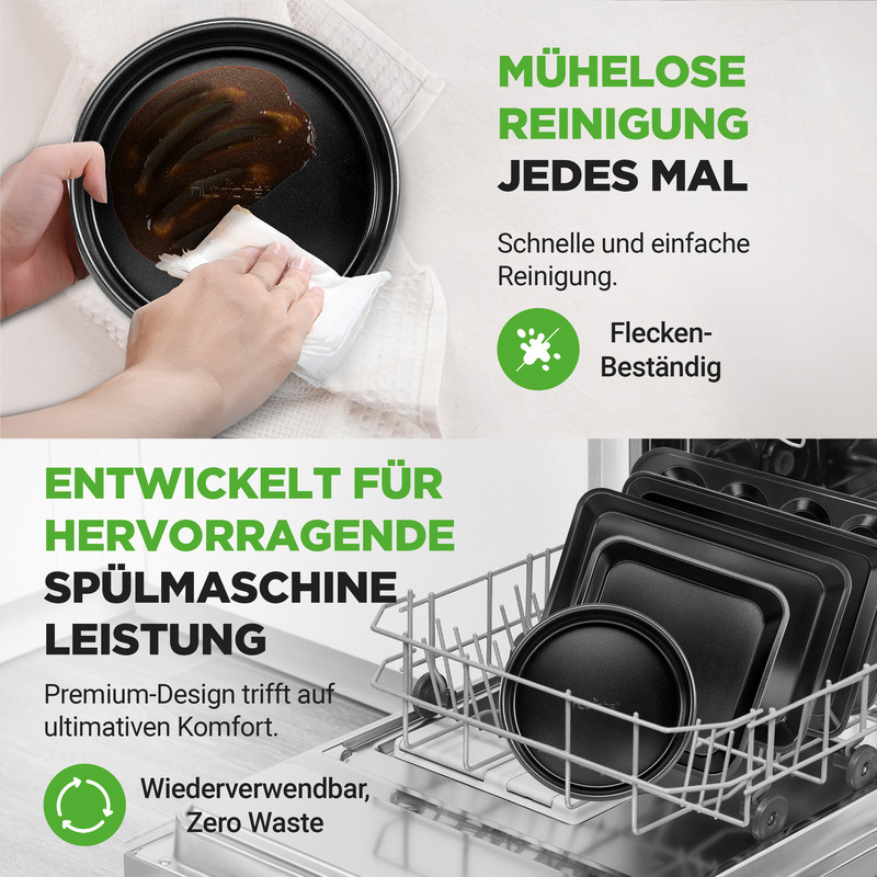 Baking pans in a dishwasher and a hand cleaning a pan.