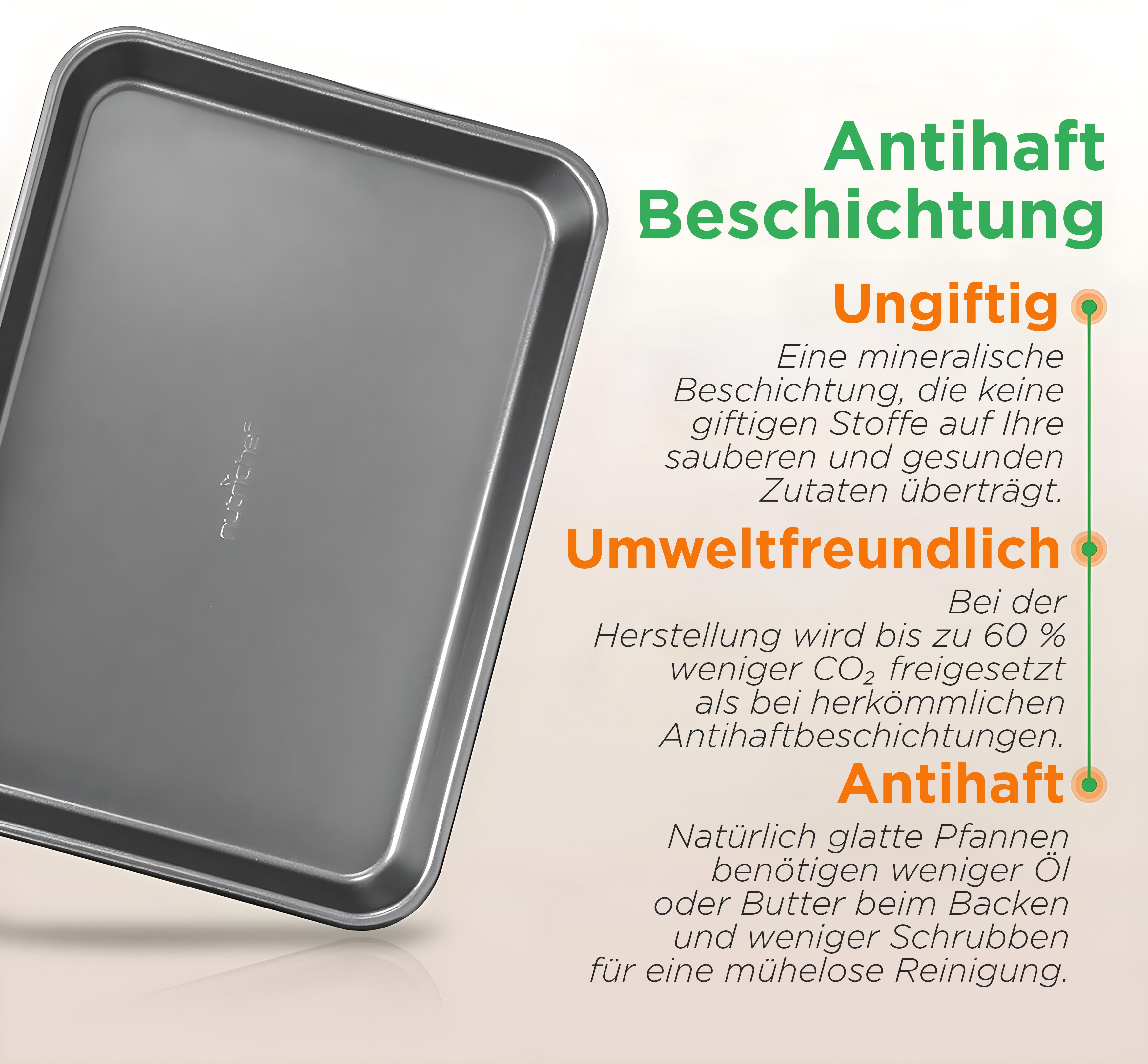 Graue Backform mit Text über ungiftige, umweltfreundliche Antihaftbeschichtung.