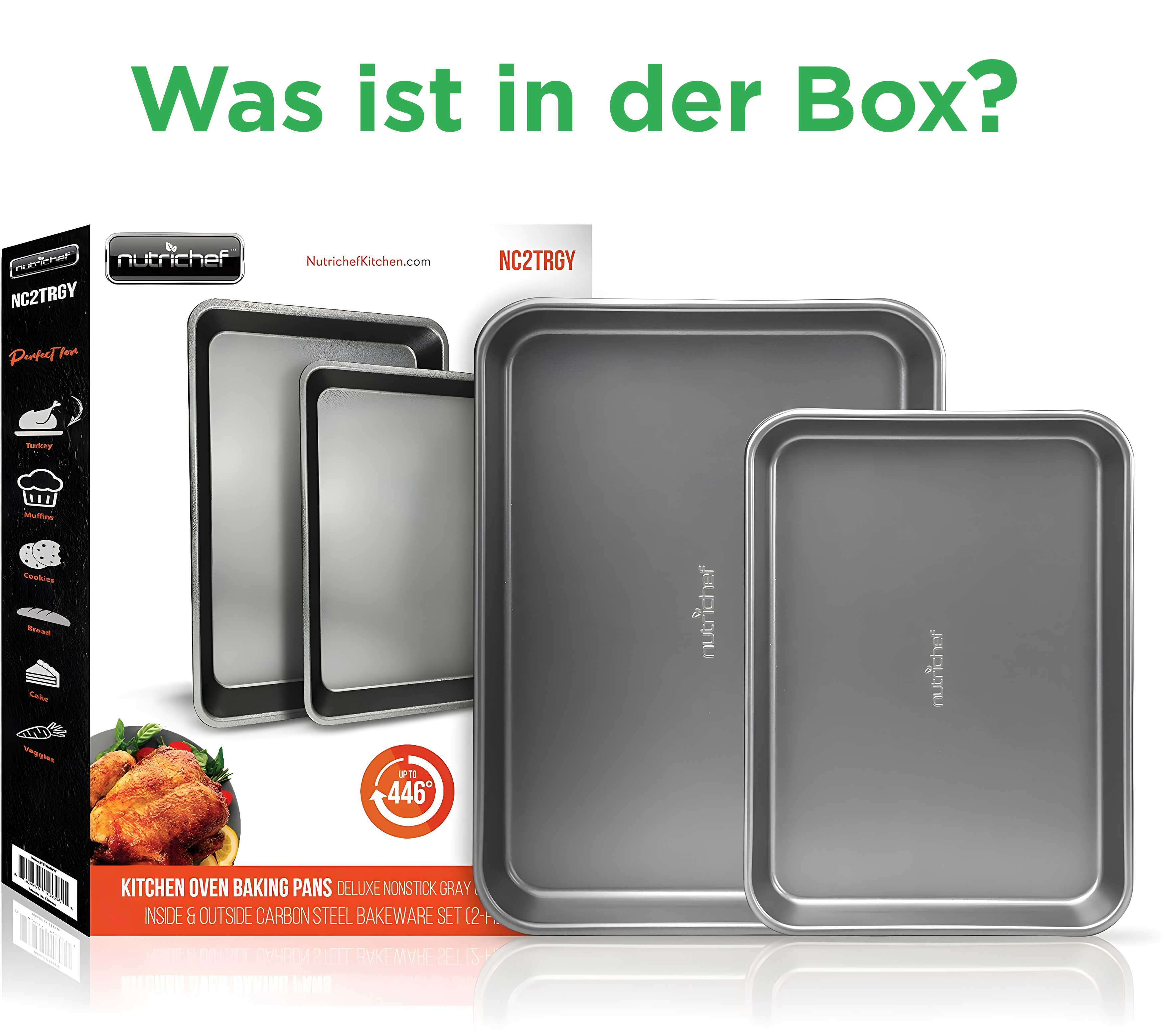 Drei graue Backbleche unterschiedlicher Größe mit Nutrichef-Logo.