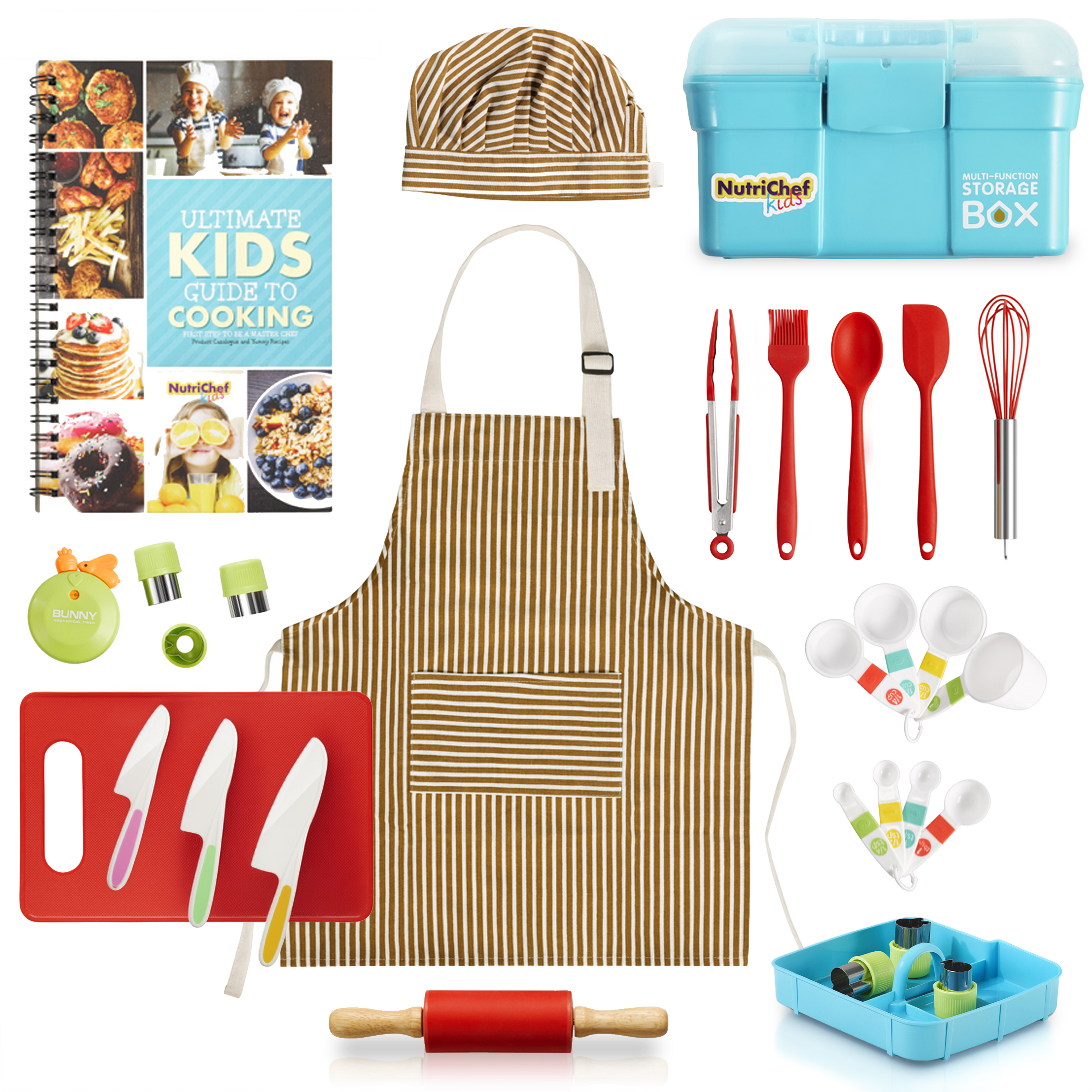 Eine Sammlung von Kochutensilien für Kinder: Kochbuch, Schürze, Utensilien, Timer, Aufbewahrungsbox.