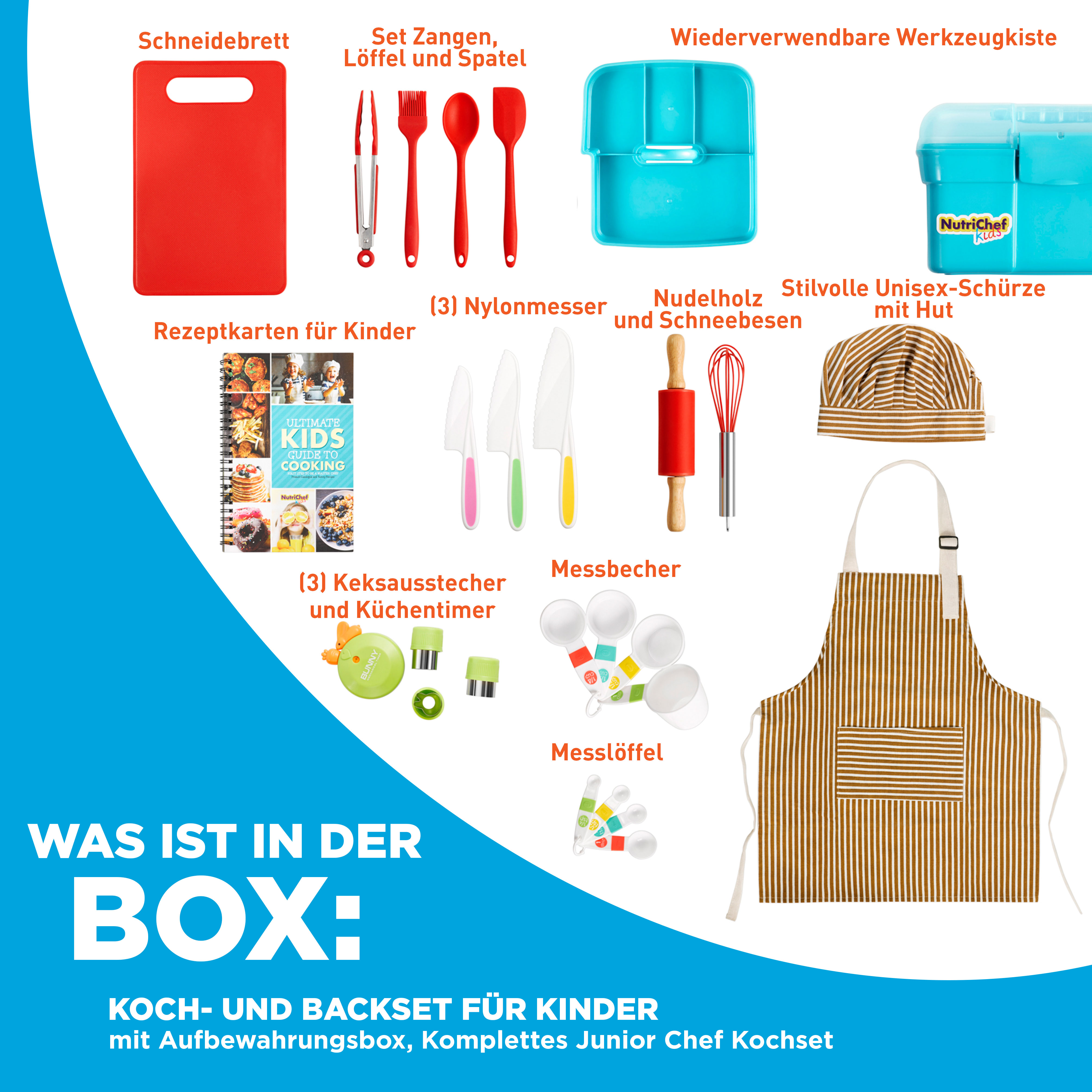 Kinder Koch- und Backset: Schneidebrett, Utensilien, Kochbücher, Messlöffel, Schürze.