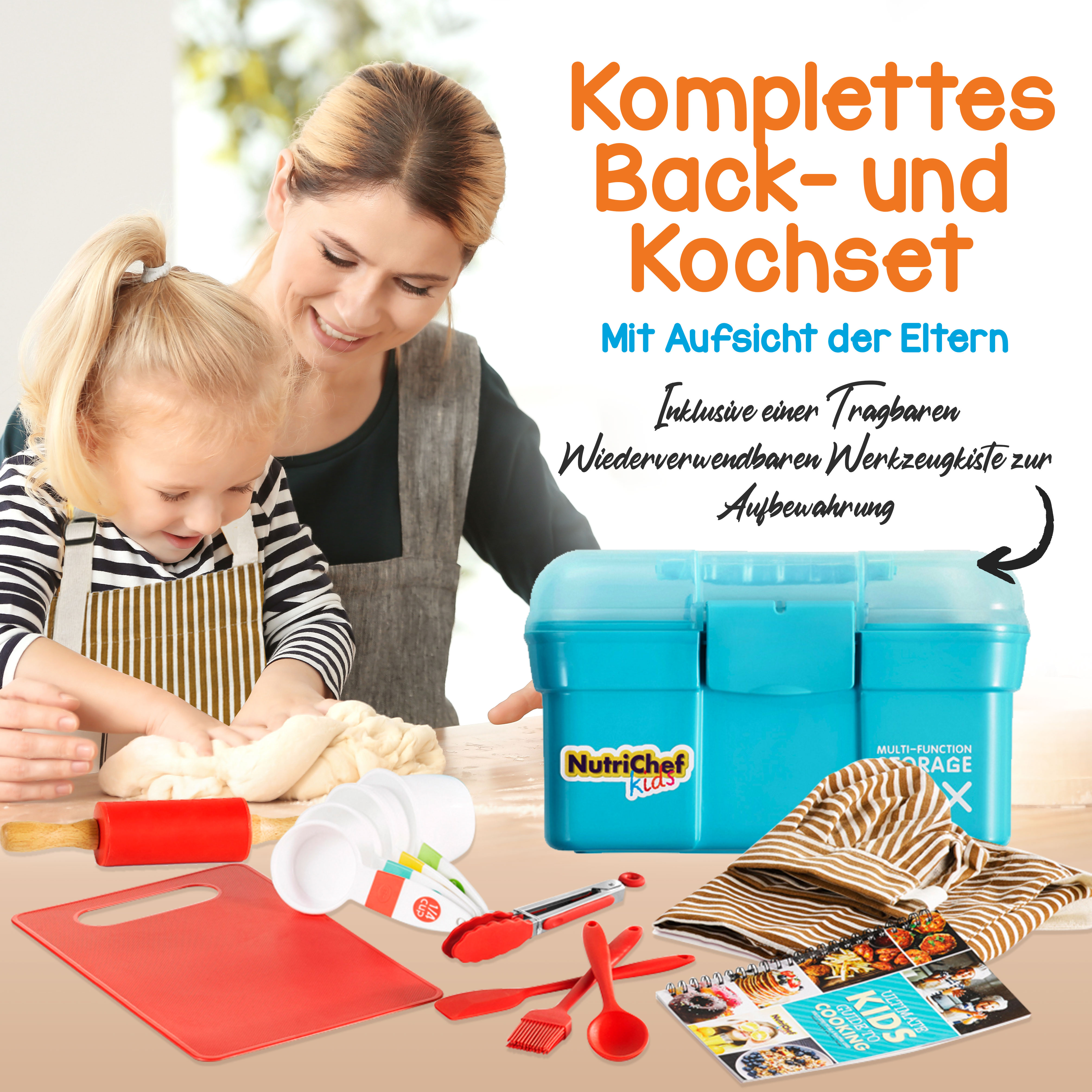 Ein Back- und Kochset für Kinder mit Elternaufsicht, inklusive Aufbewahrungskiste.