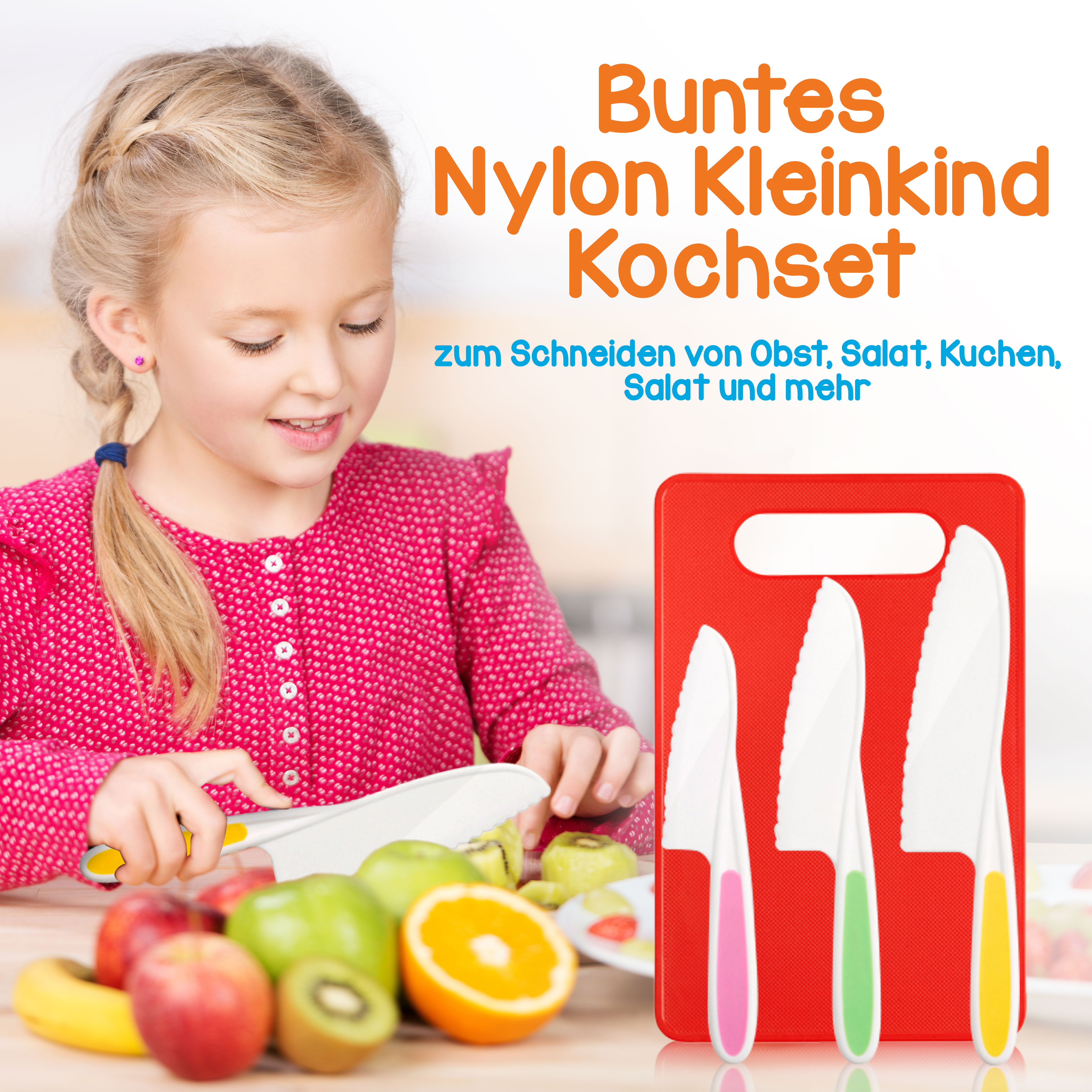 Ein Kind schneidet Obst mit einem bunten Kindermesserset auf einem Schneidebrett.