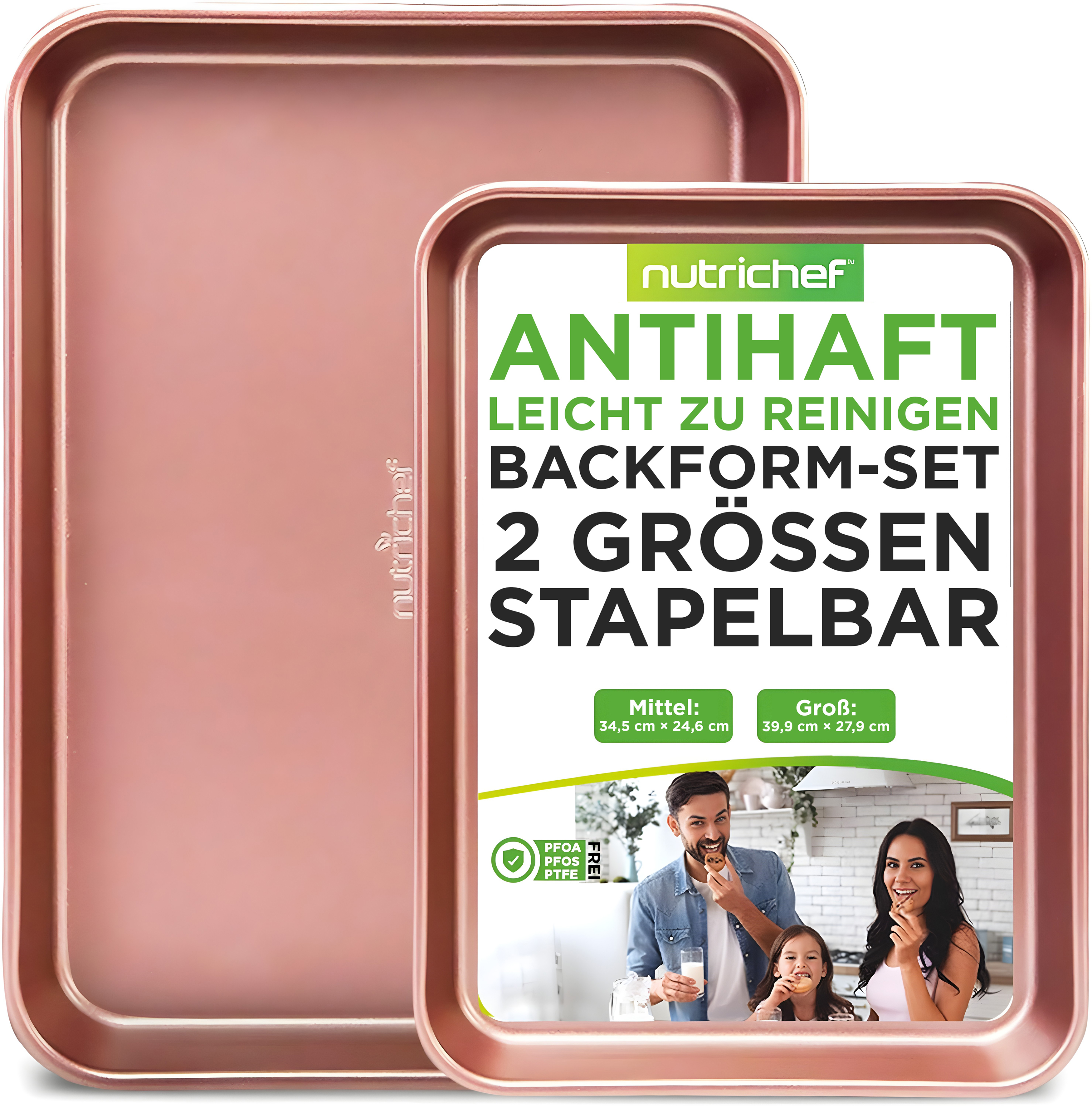 Zwei kupferfarbene Backformen, eine gestapelt auf der anderen. Text mit Produktinformationen.