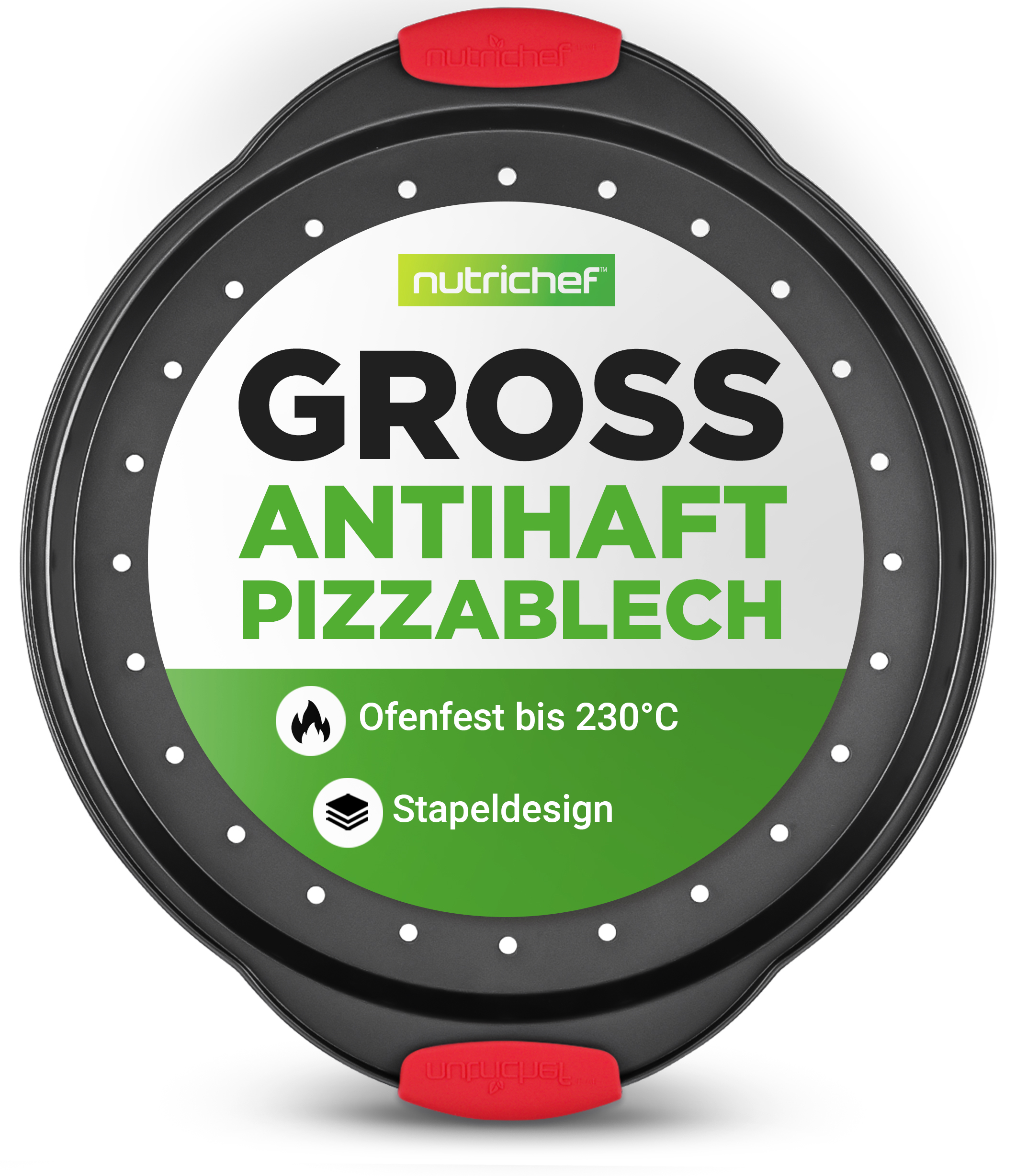 Schwarze runde Pizzapfanne mit roten Griffen und Aufschriften.