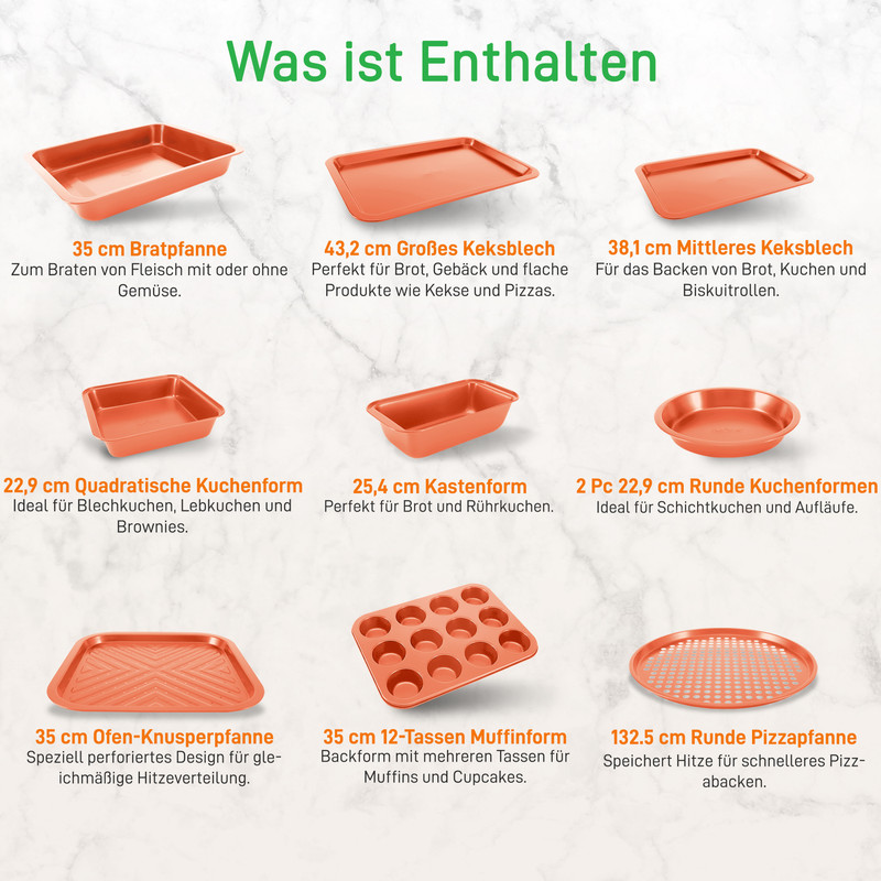 Eine Sammlung von neun orangefarbenen Backformen, darunter Bratpfanne, Keksbleche, Kuchenformen und Pizzapfanne.