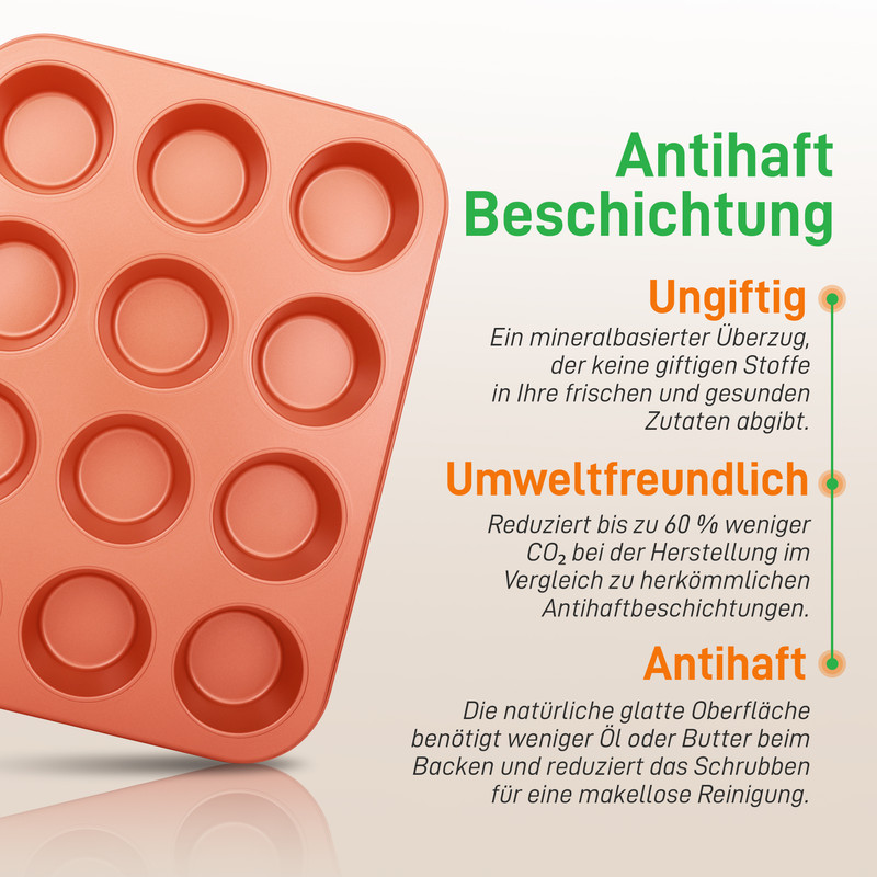 Eine kupferfarbene Muffinform mit 12 Mulden. Daneben Text über Antihaftbeschichtung.