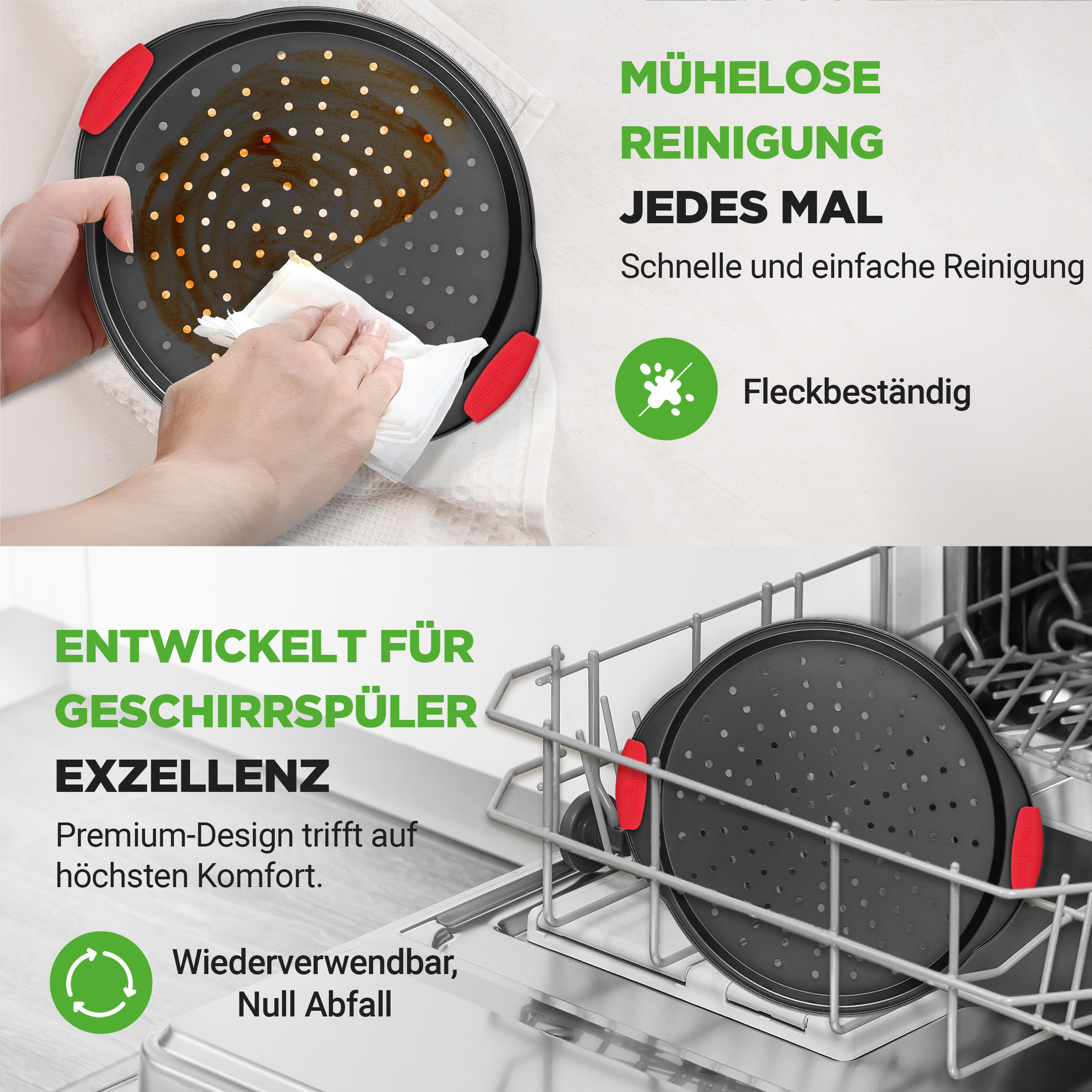 Ein schwarzer Pizzablech mit roten Griffen wird gereinigt und im Geschirrspüler gezeigt.