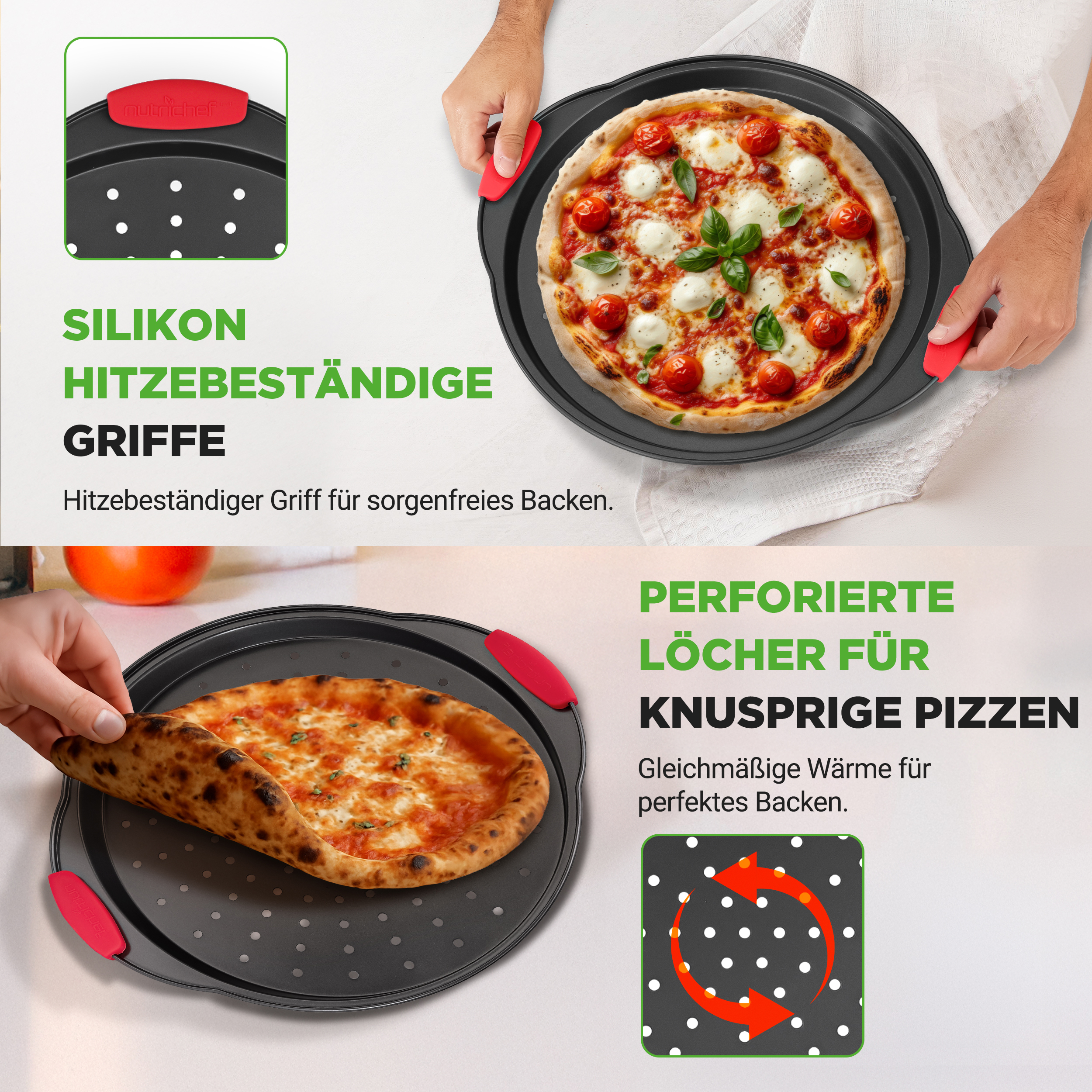 Eine Person hält eine Pizza auf einem Pizzablech mit roten Silikongriffen und Löchern.