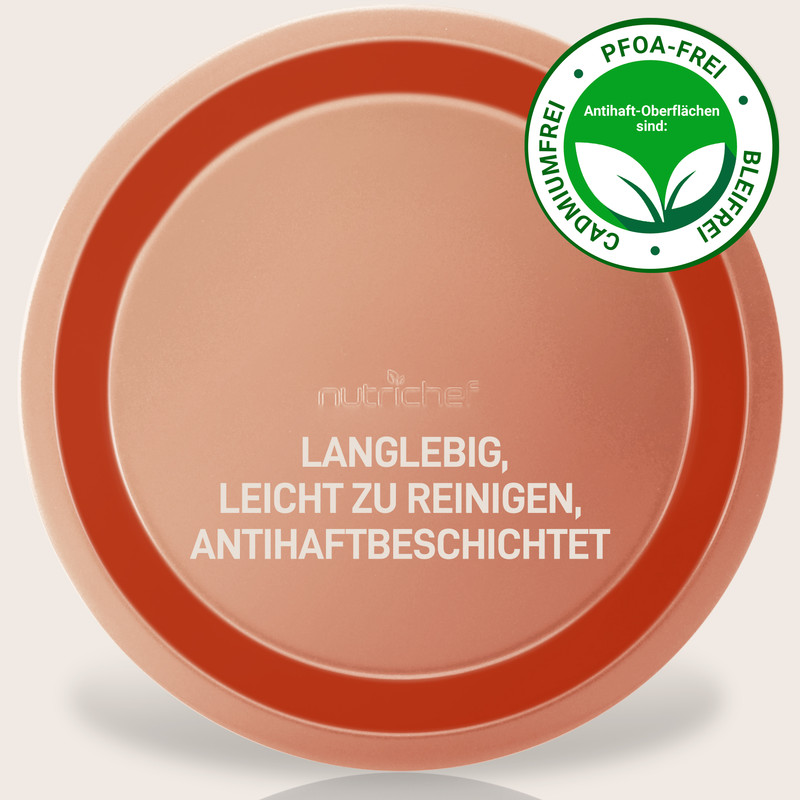 Runde, kupferfarbene Pfanne mit Text und PFOA-freiem Siegel.
