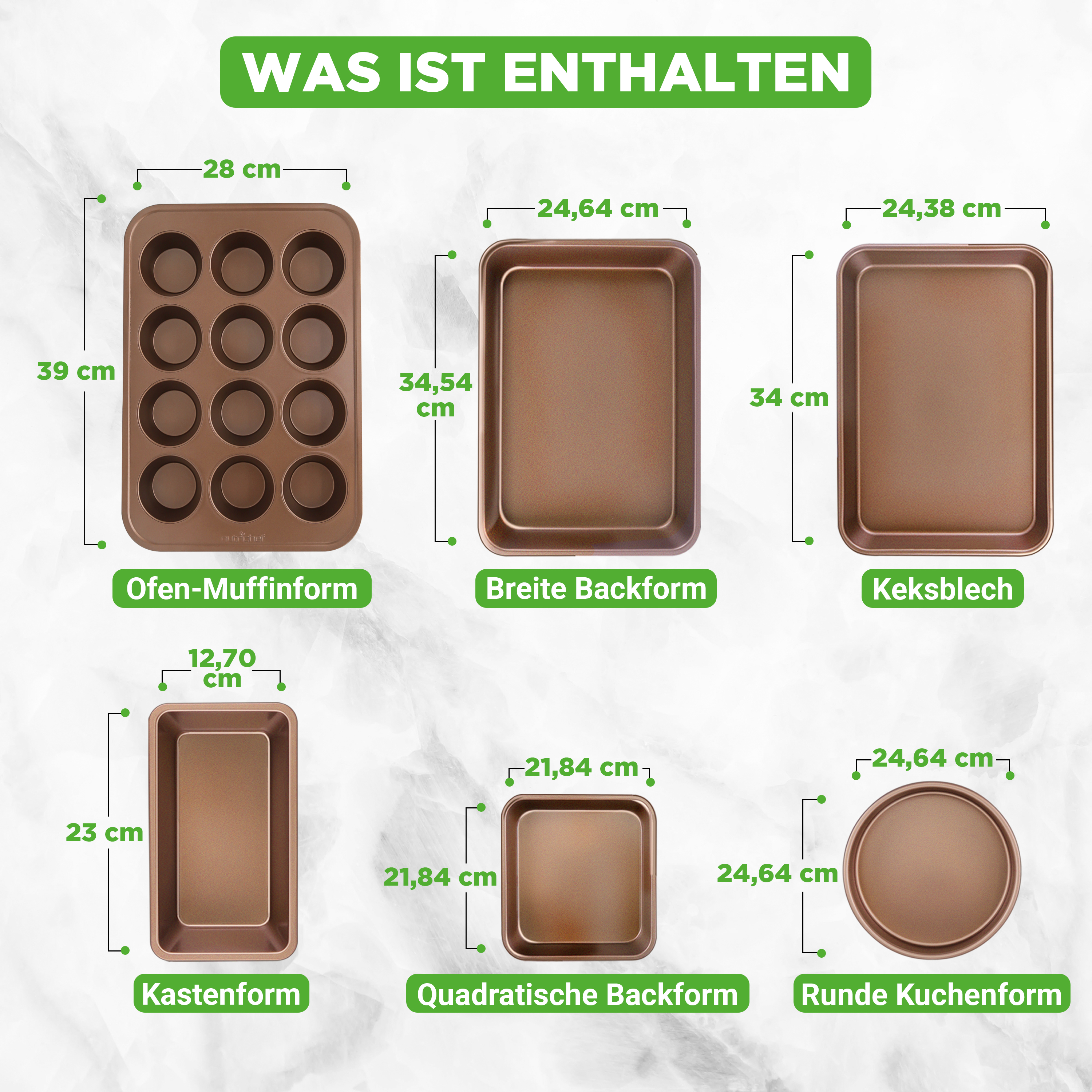 Bilder von Backformen: Muffinform, Kastenform, runde Kuchenform, Keksblech.