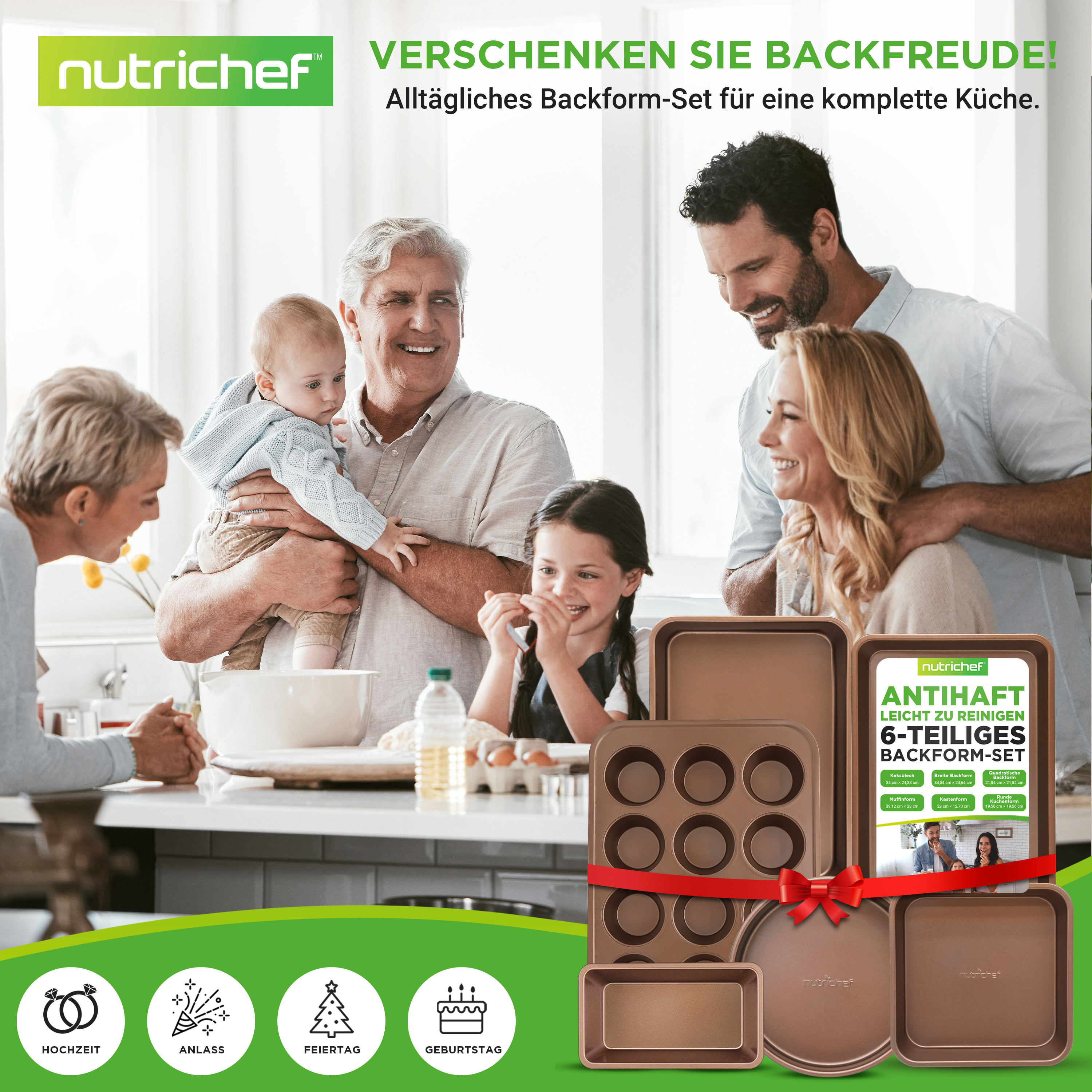 Familie genießt Backformen. Nutrichef: Antihaft, leicht zu reinigen, 6-teiliges Set.
