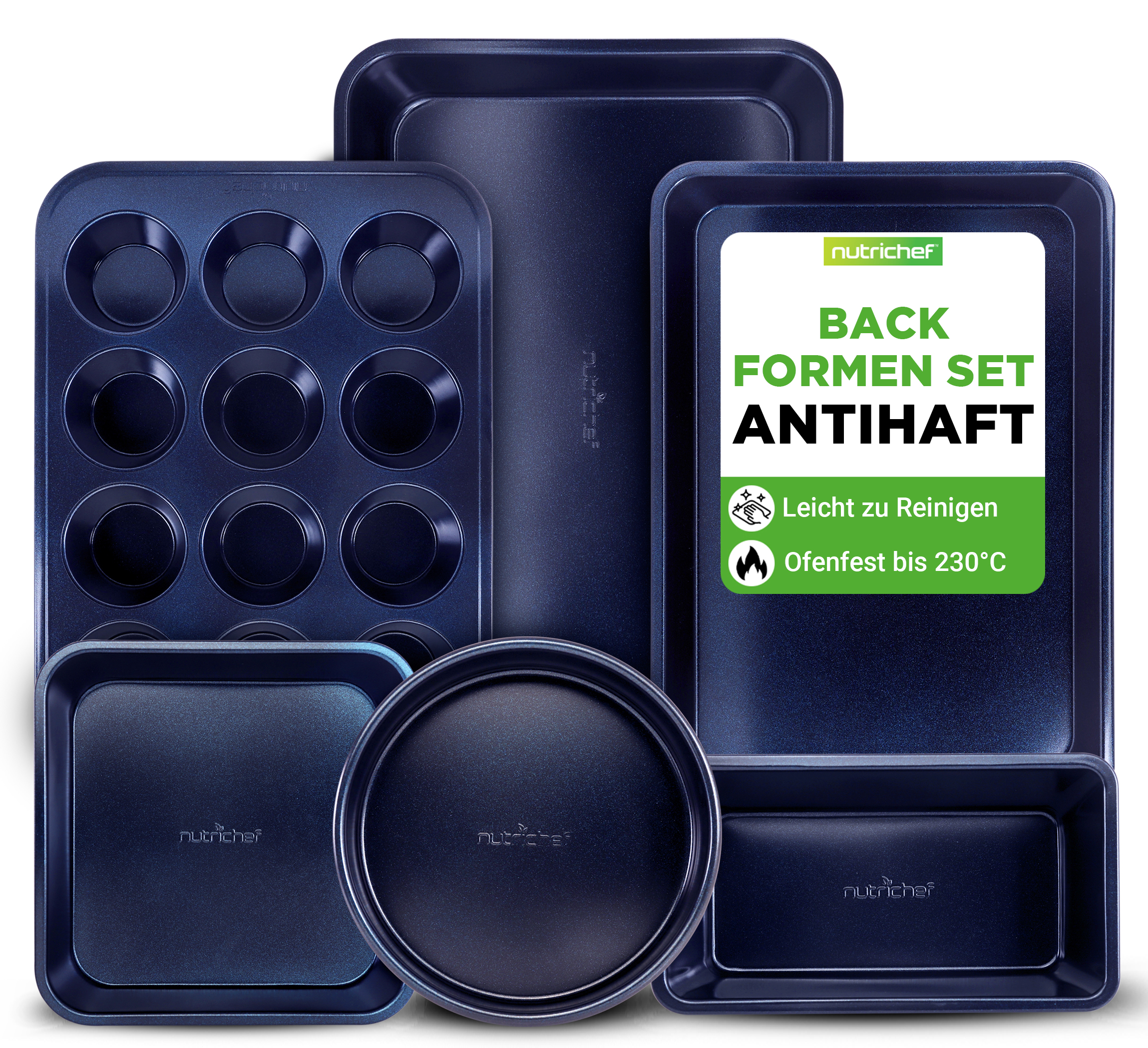 Dunkelblaue Backformen aus Metall: Muffinblech, Kastenform, runde Form.