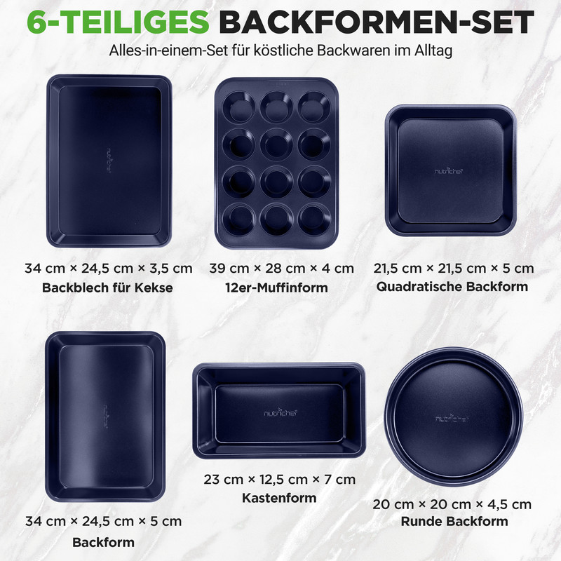 Sechs dunkelblaue Backformen: Blech, Muffinform, Kastenform, runde Form, quadratische Form.