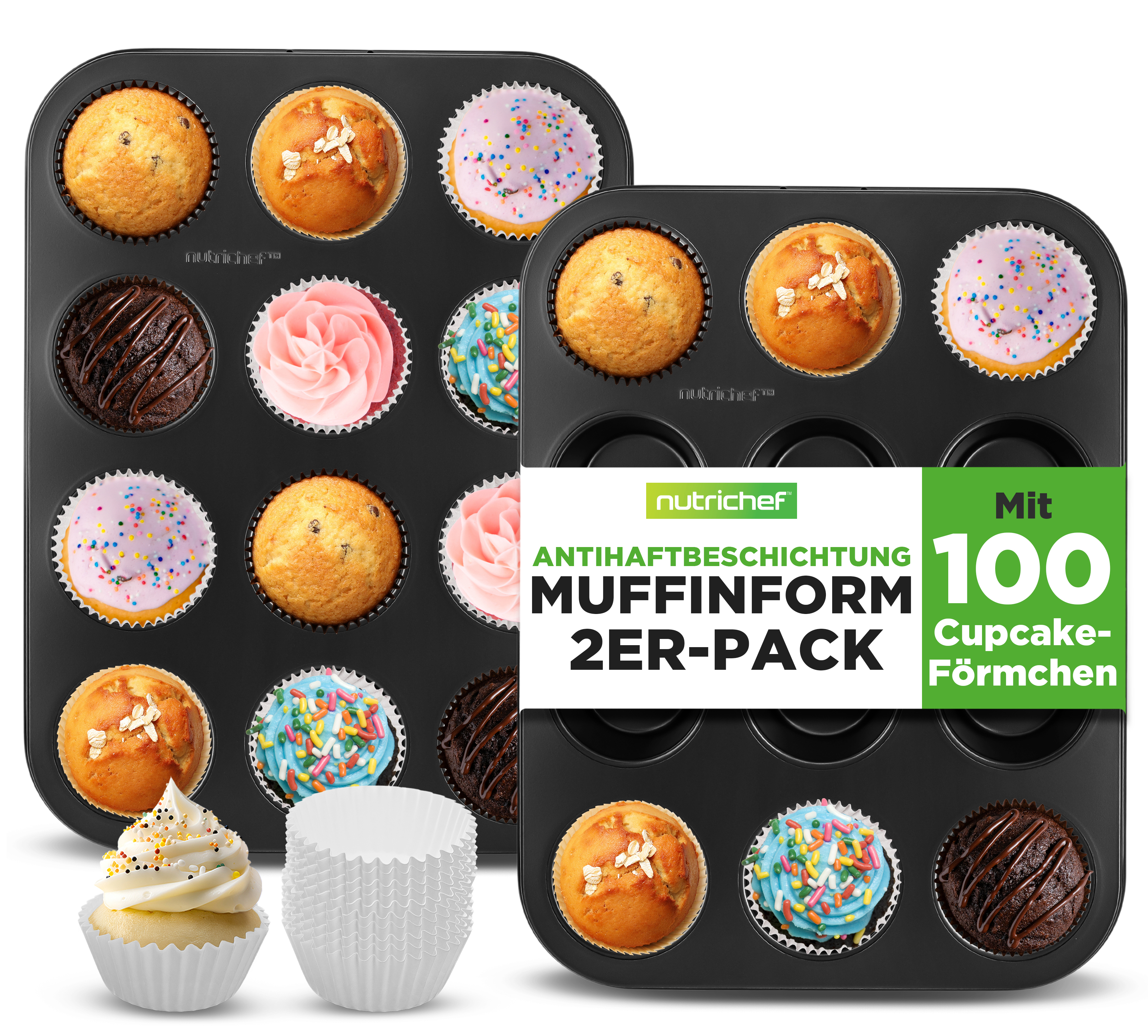 Zwei Muffinformen mit verschiedenen Muffins, Cupcakes und Papierförmchen.