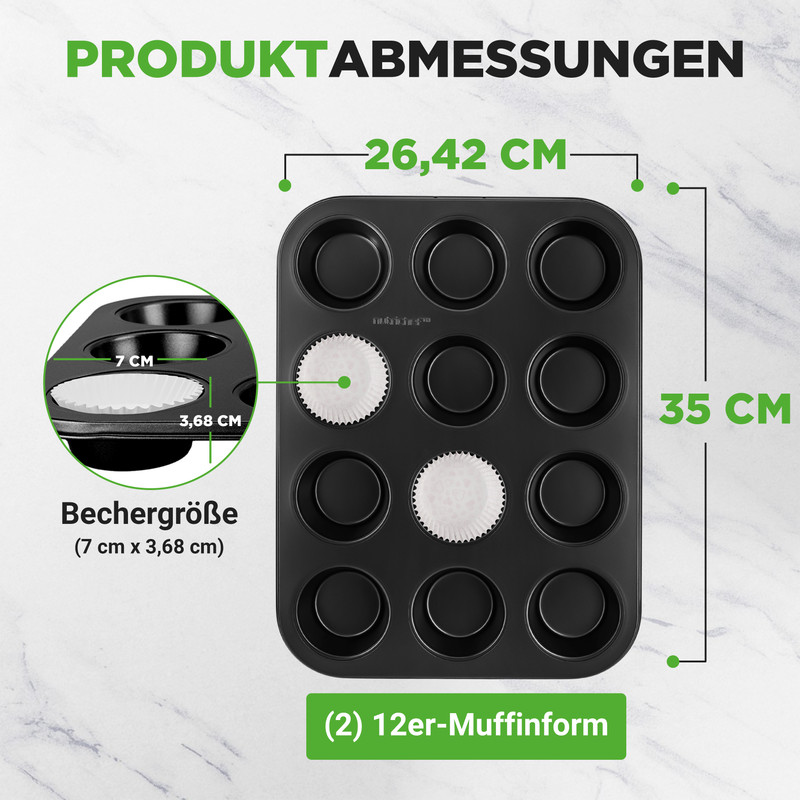 Eine schwarze Muffinform für 12 Stück wird mit Maßen gezeigt. 26,42 cm breit, 35 cm hoch.