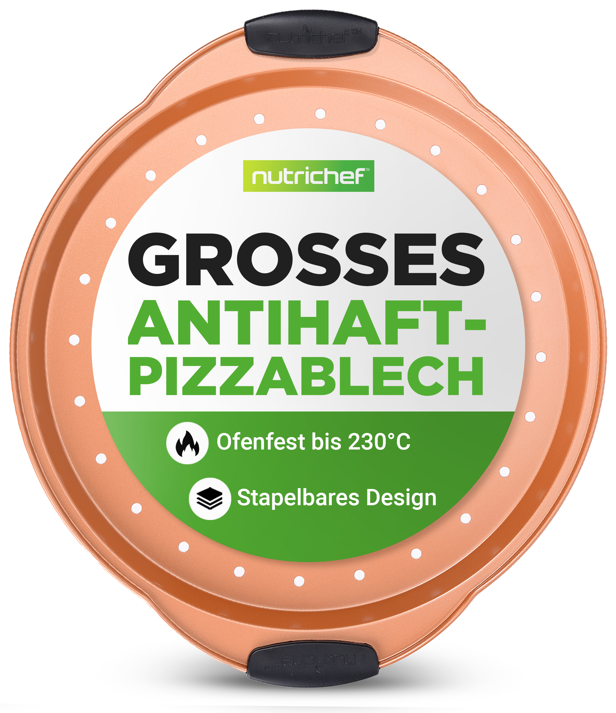 Eine kupferfarbene runde Pizzapfanne mit "Nutrichef" Logo und Text.