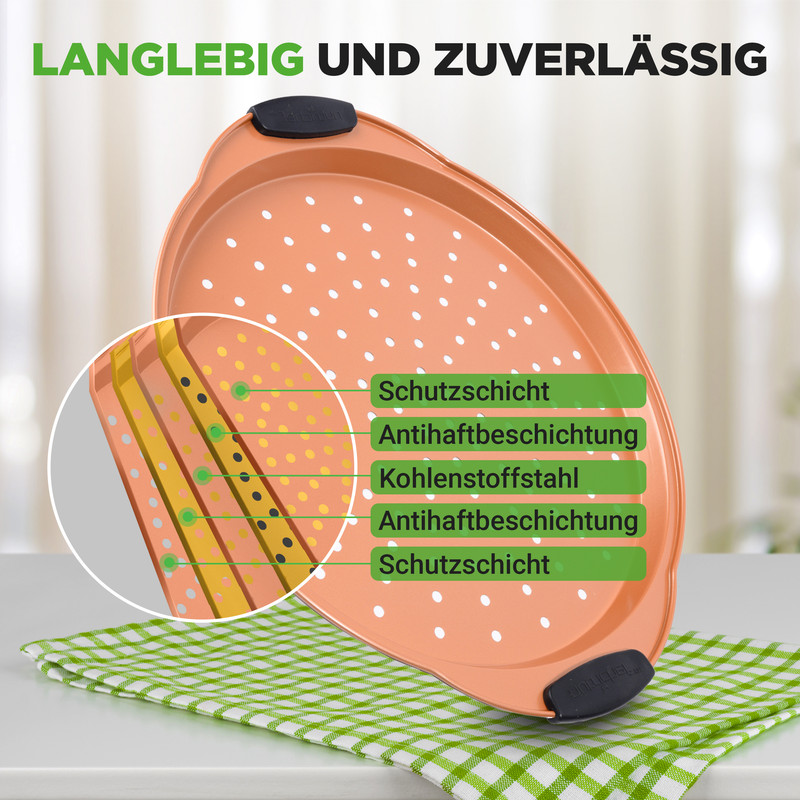 Ein Pfannkuchenblech mit Perforation und Schichtaufbau-Detail.
