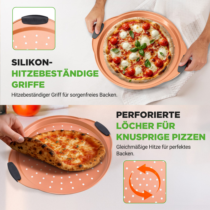 Produktvorstellung einer runden Pizzapfanne mit Griffen und einer Pizza.
