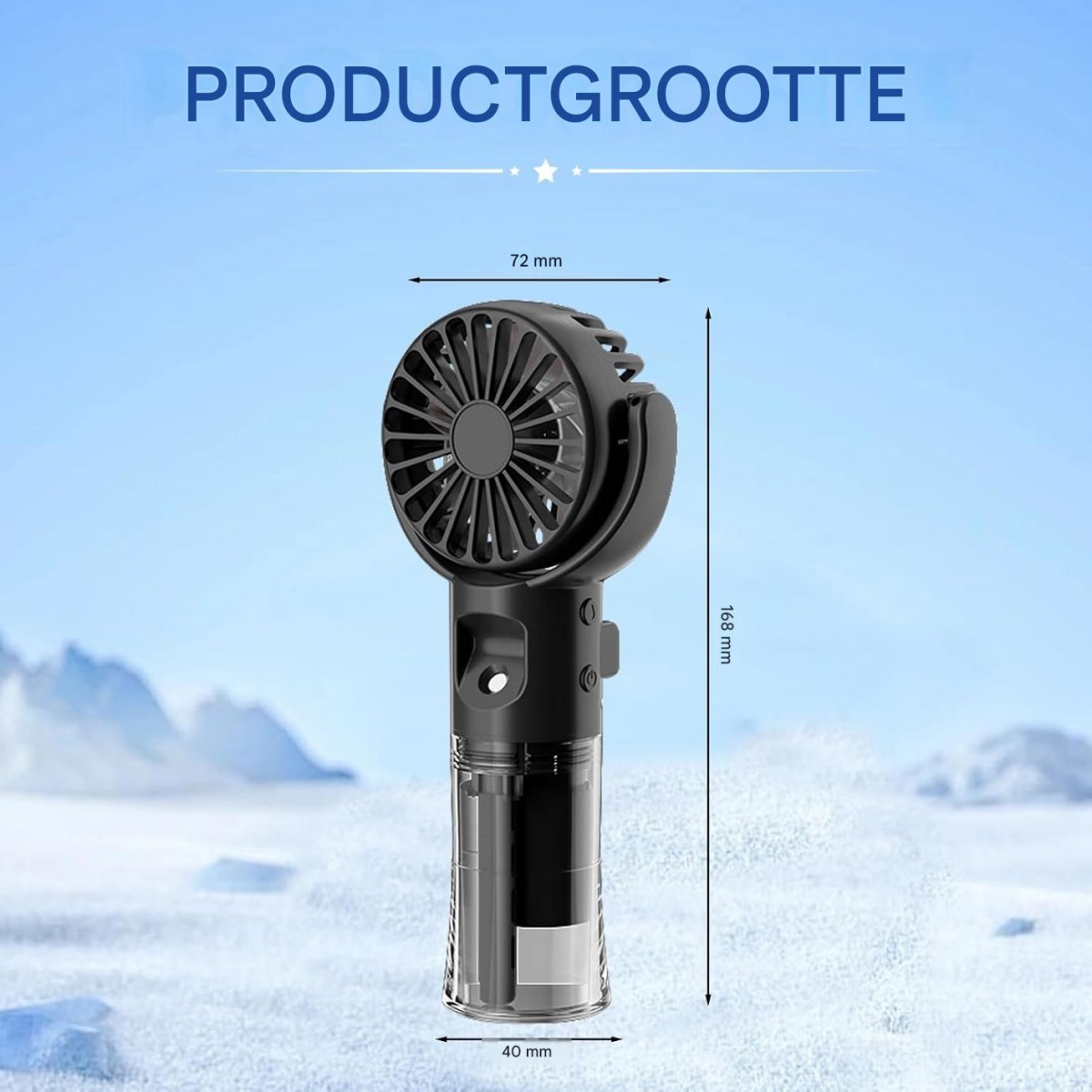 Ein schwarzer tragbarer Ventilator mit Maßen 72x40x168 mm, vor einem verschneiten Hintergrund.