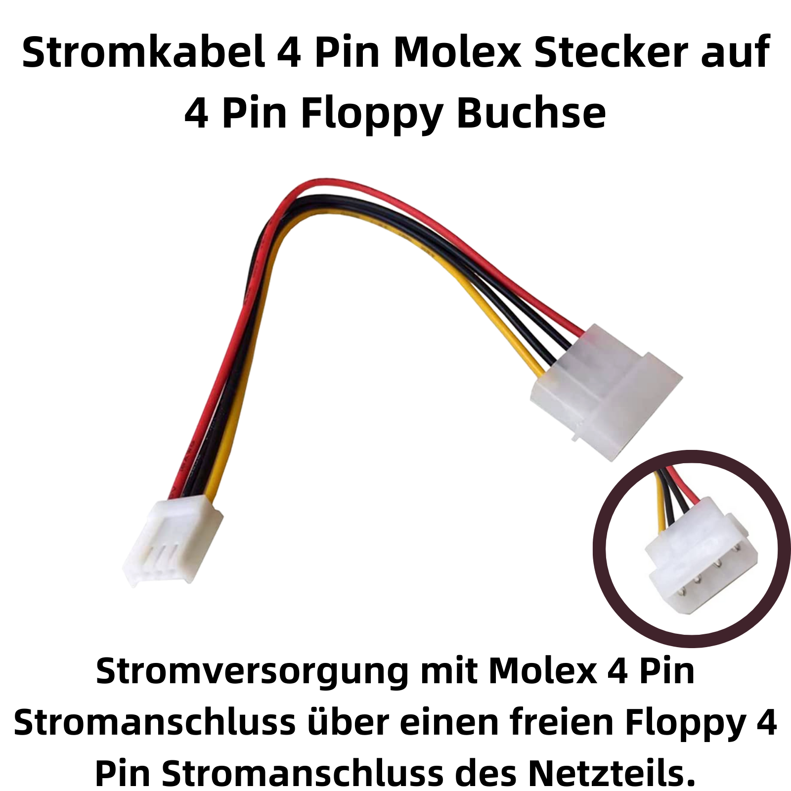 Ein 4-Pin Molex Stecker mit roten, schwarzen und gelben Kabeln.