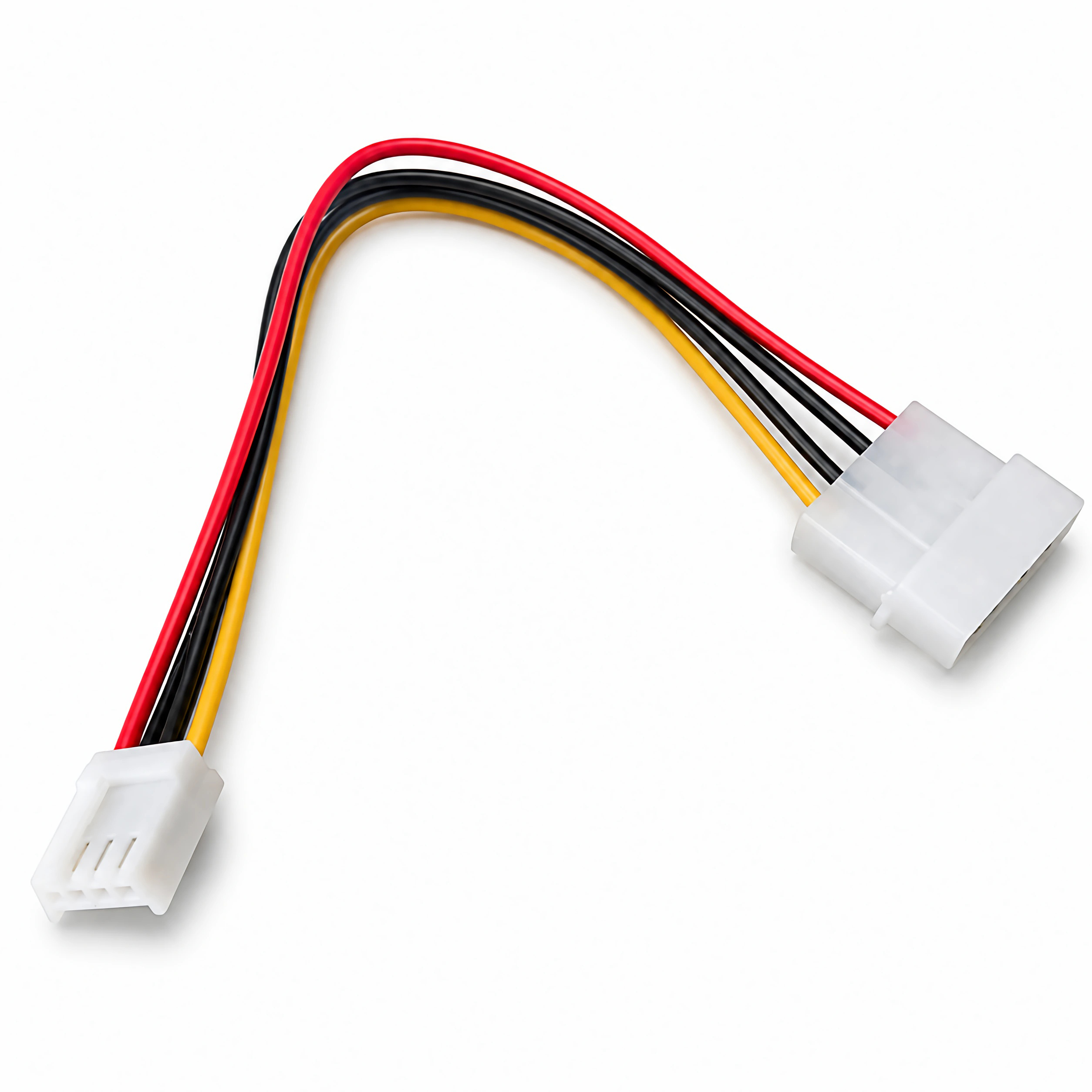 Ein weißer Kabeladapter mit roten, schwarzen und gelben Kabeln.