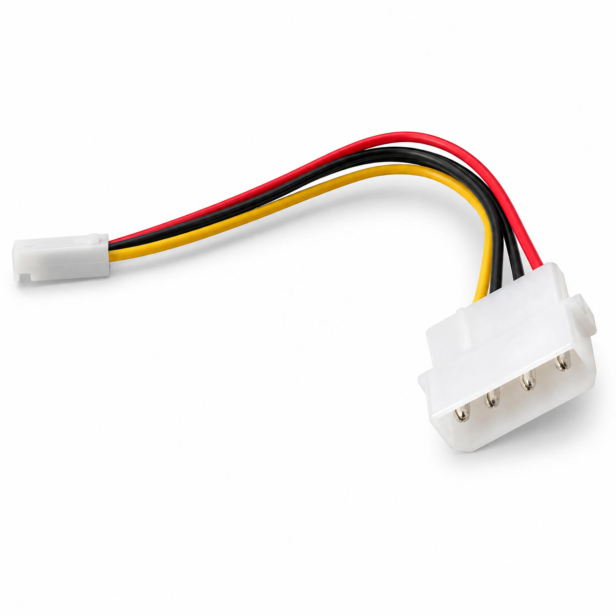 Ein weißer Adapter mit drei farbigen Kabeln: rot, schwarz und gelb.