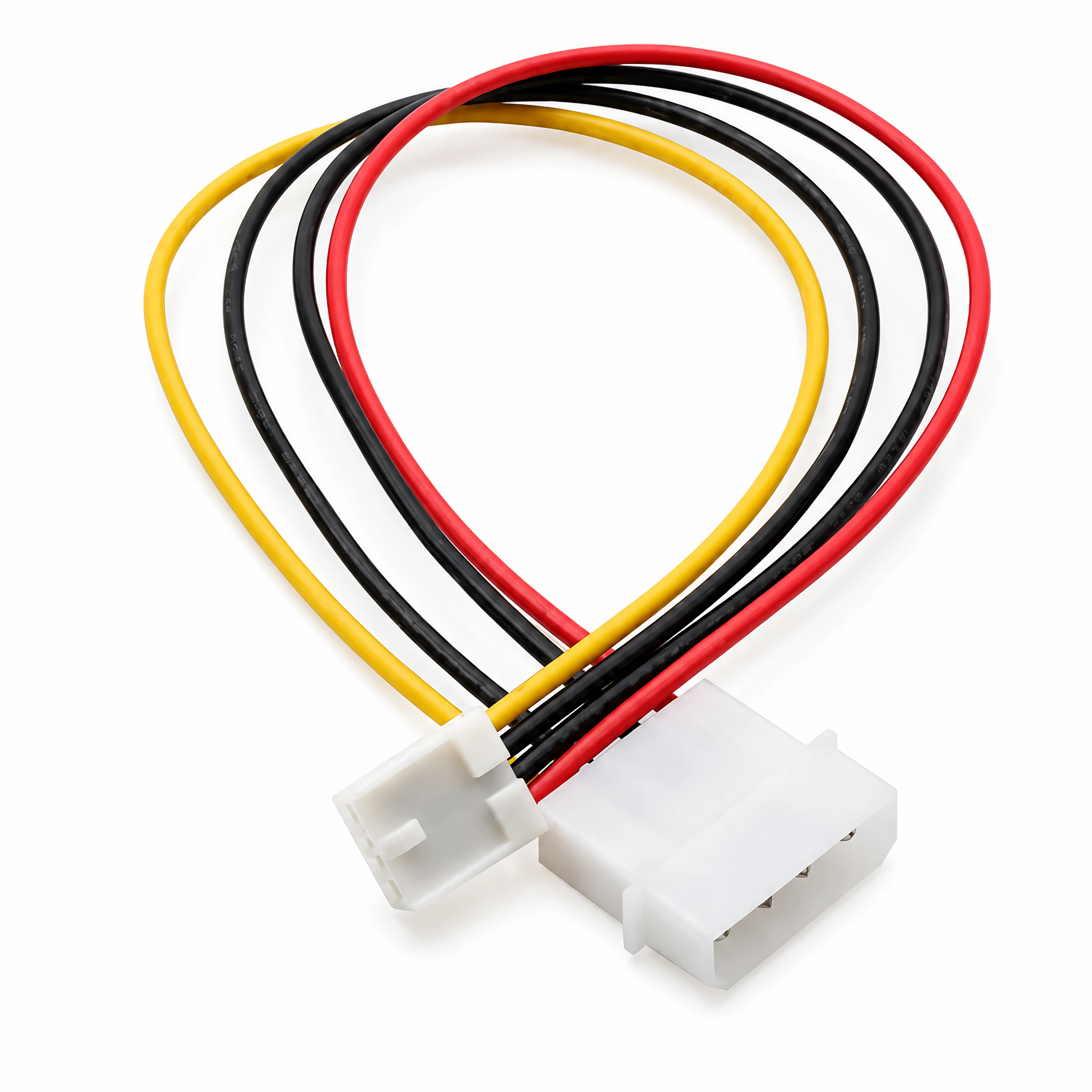 Vier Kabel: gelb, schwarz, rot und schwarz mit weißen Anschlüssen.