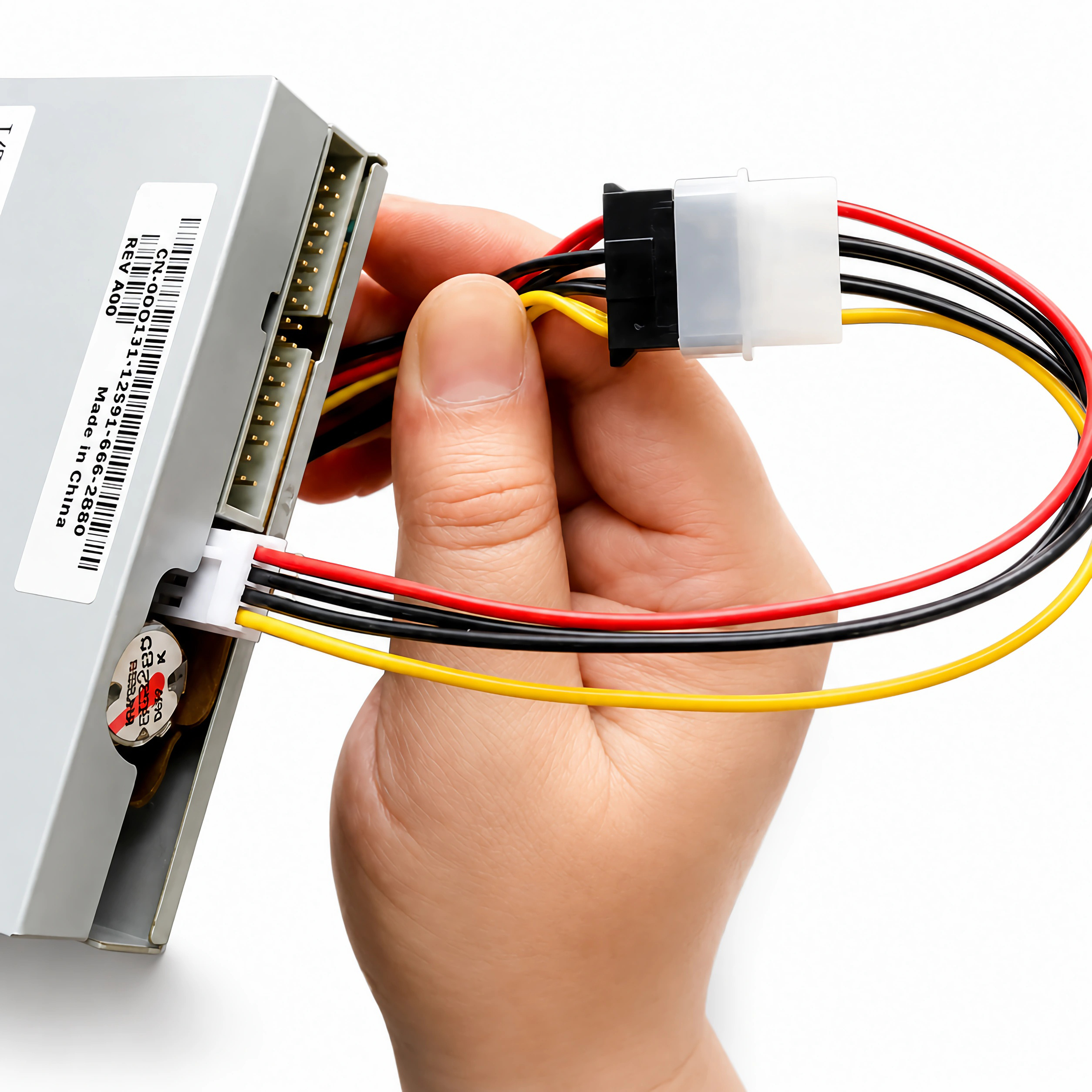 Hand verbindet ein Stromkabel mit roten, schwarzen, gelben Kabeln mit einem Computerlaufwerk.