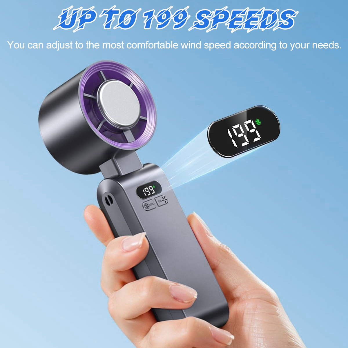 Eine Hand hält einen grauen Ventilator mit einem Display, das 199 anzeigt.