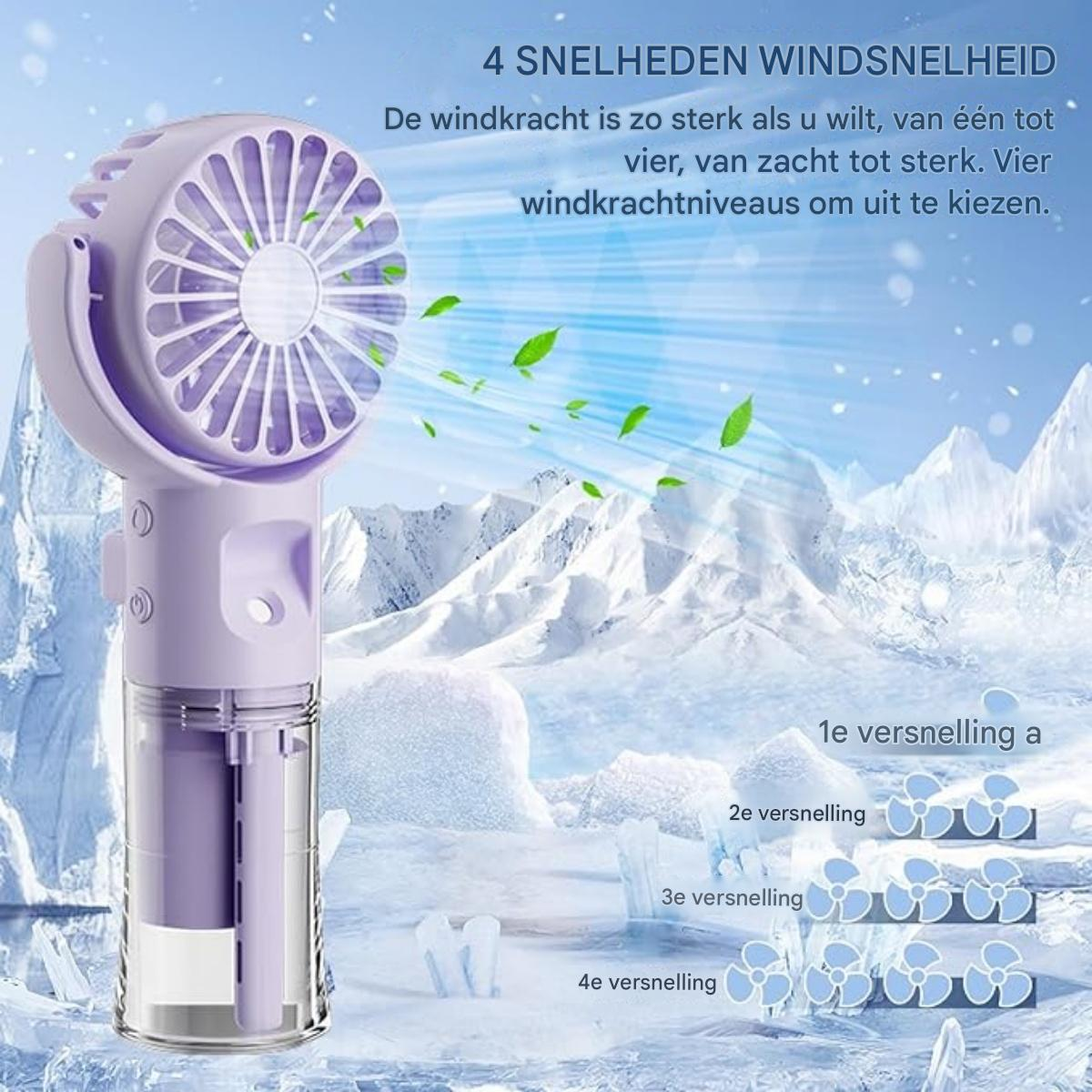 Lila Ventilator mit 4 Geschwindigkeiten vor einer eisigen Berglandschaft.