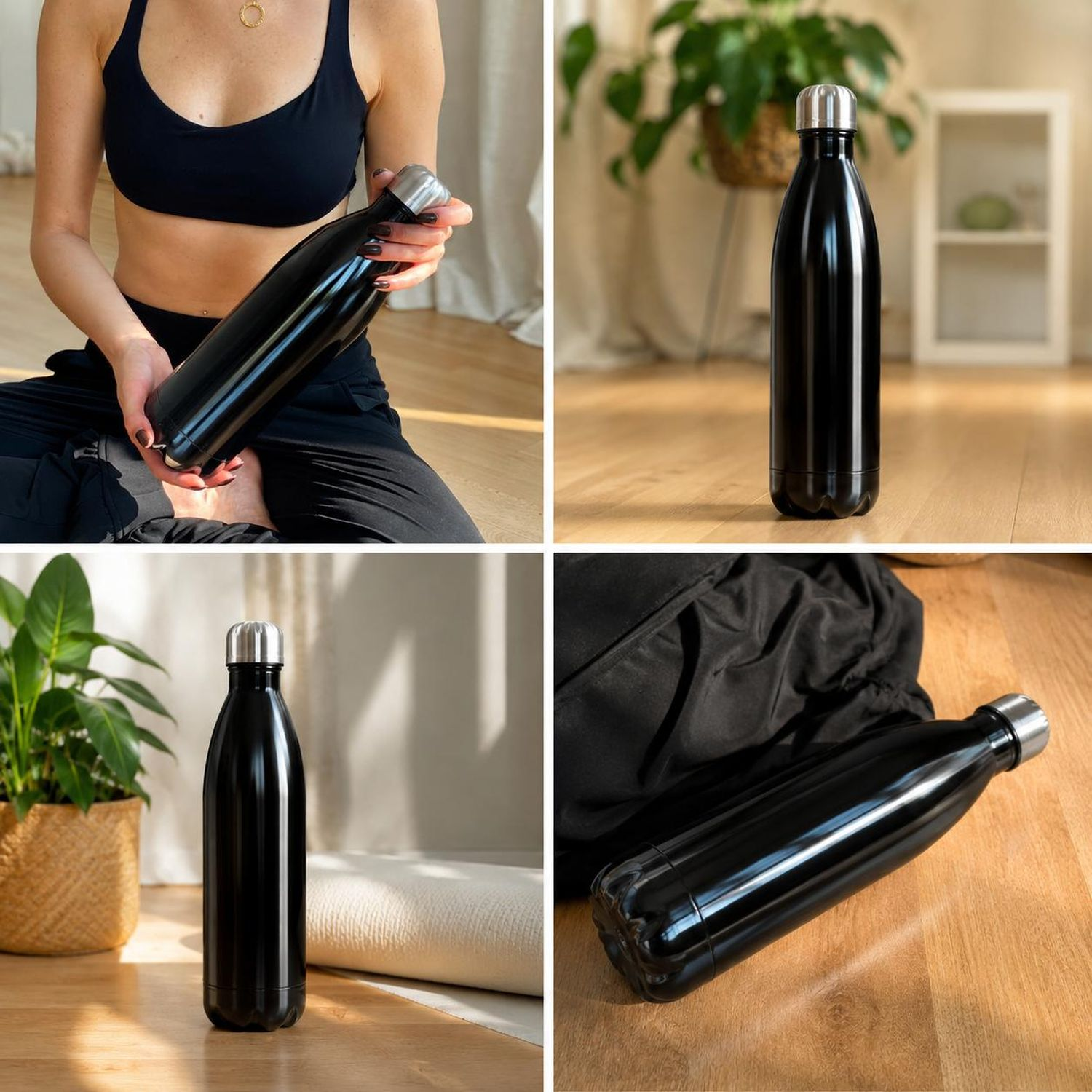 Eine glänzende schwarze Wasserflasche mit silbernem Verschluss.