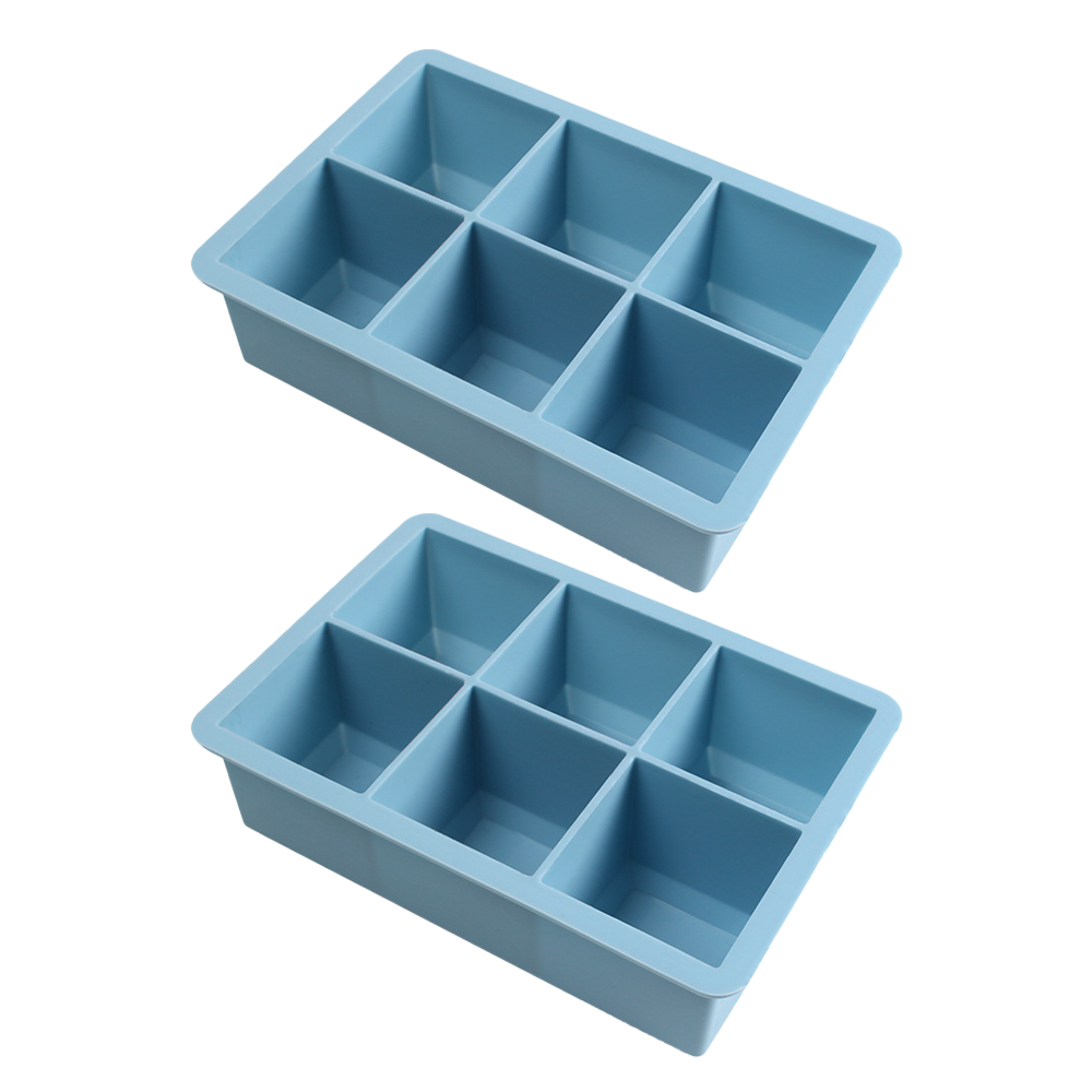 Zwei hellblaue Silikon-Eiswürfelformen mit 8 Fächern nebeneinander.