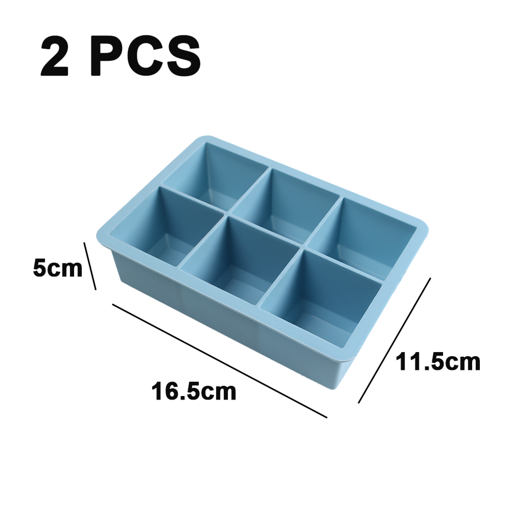 Blaue Silikon-Eiswürfelform mit 6 Fächern, Maße 16,5x11,5x5cm.