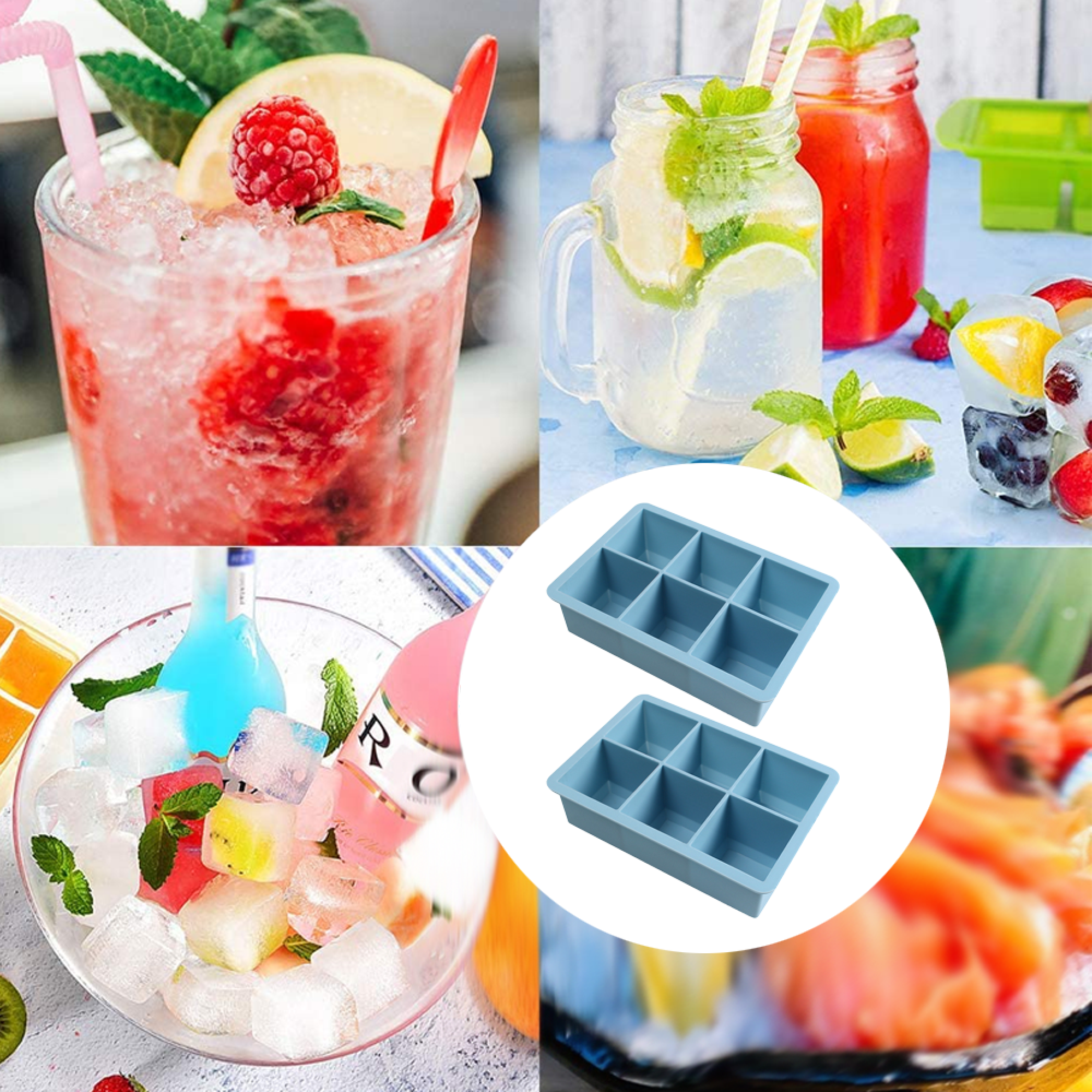 Collage mit Getränken, Eiswürfeln und Eiswürfelformen.