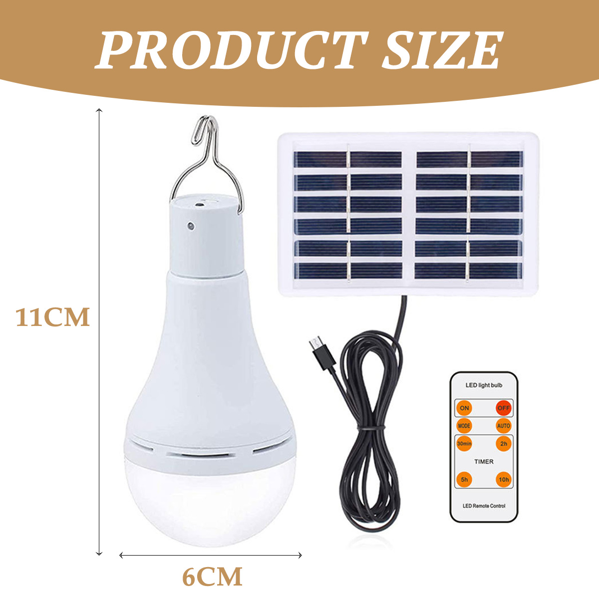 Größe eines weißen LED-Solarlichts mit Fernbedienung, Ladekabel und Solarpanel.