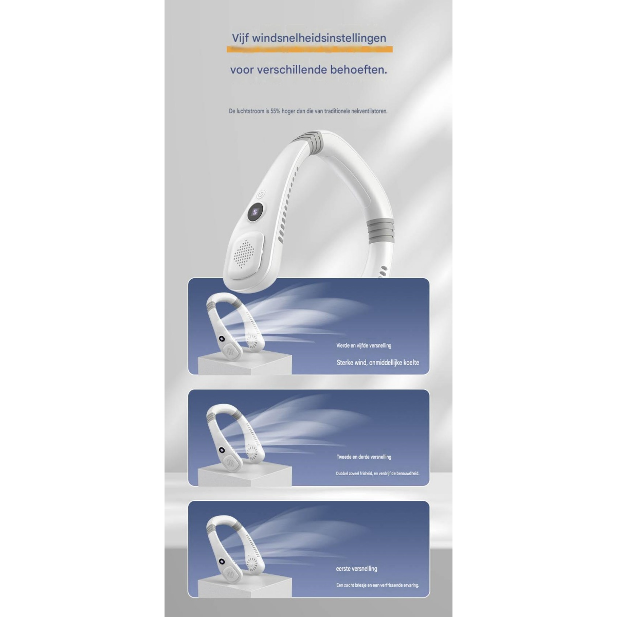 Halsventilator mit 5 Stufen: starker Wind, sanfter Wind.