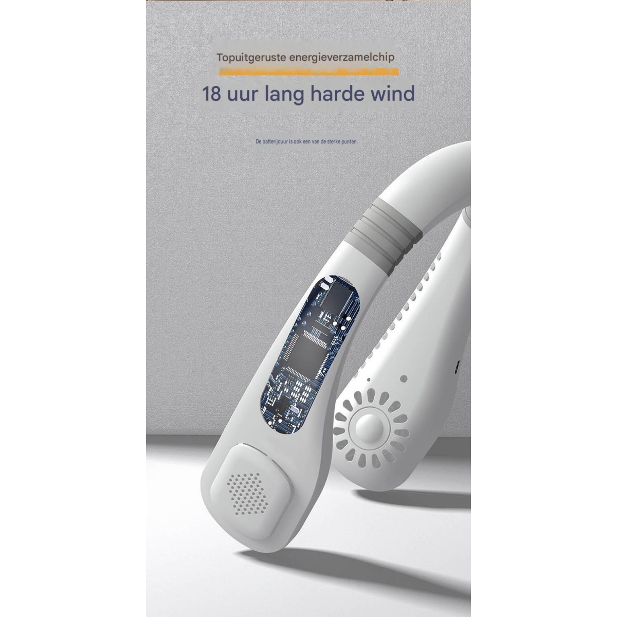 Ein weißer Nackenventilator mit freiliegender Platine und Text.