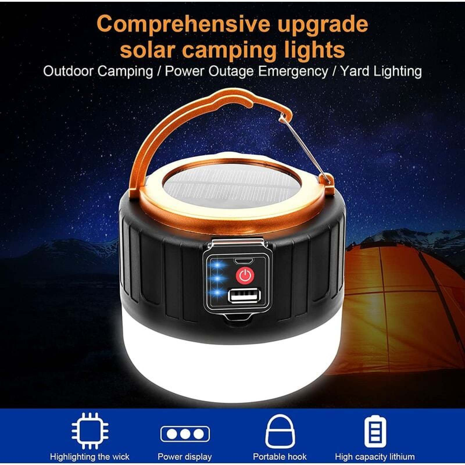 Solar-Campinglaterne mit USB-Anschluss, Haken, im Freien