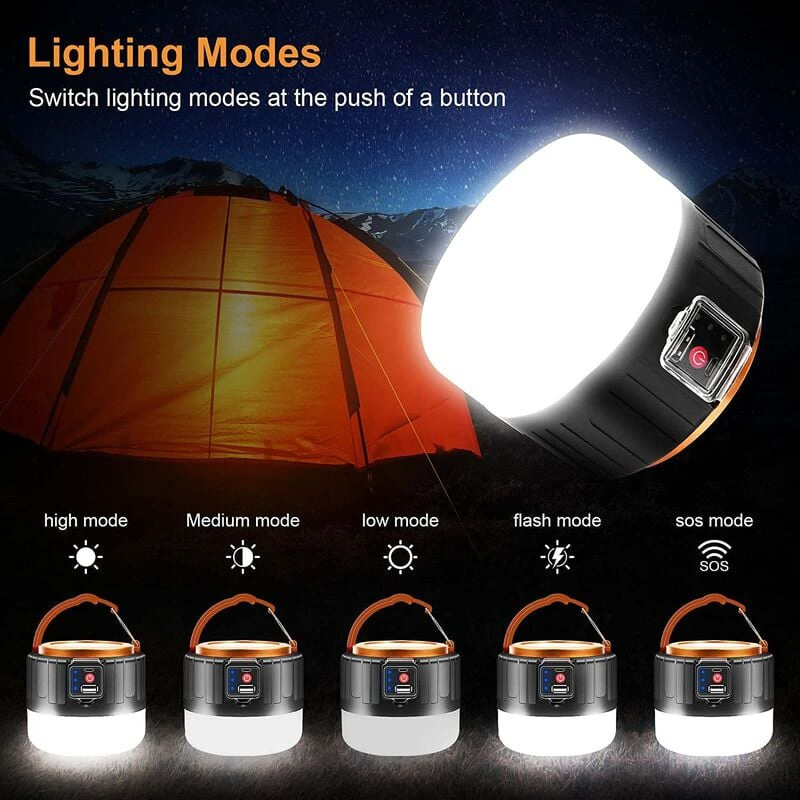 Ein Campingzelt und eine Lampe, die verschiedene Beleuchtungsmodi zeigt.