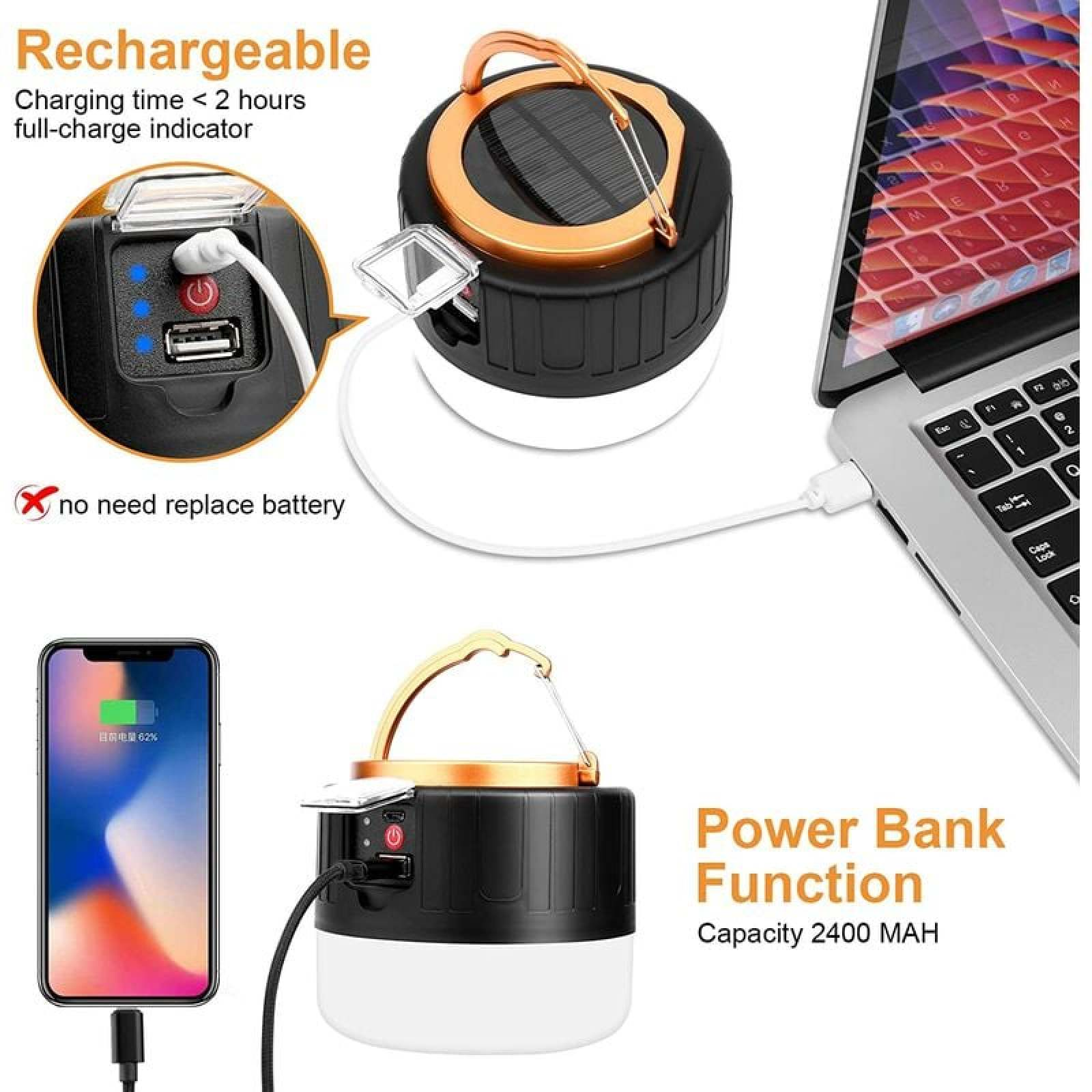 Wiederaufladbare Lampe und Powerbank, die an einen Laptop angeschlossen ist.