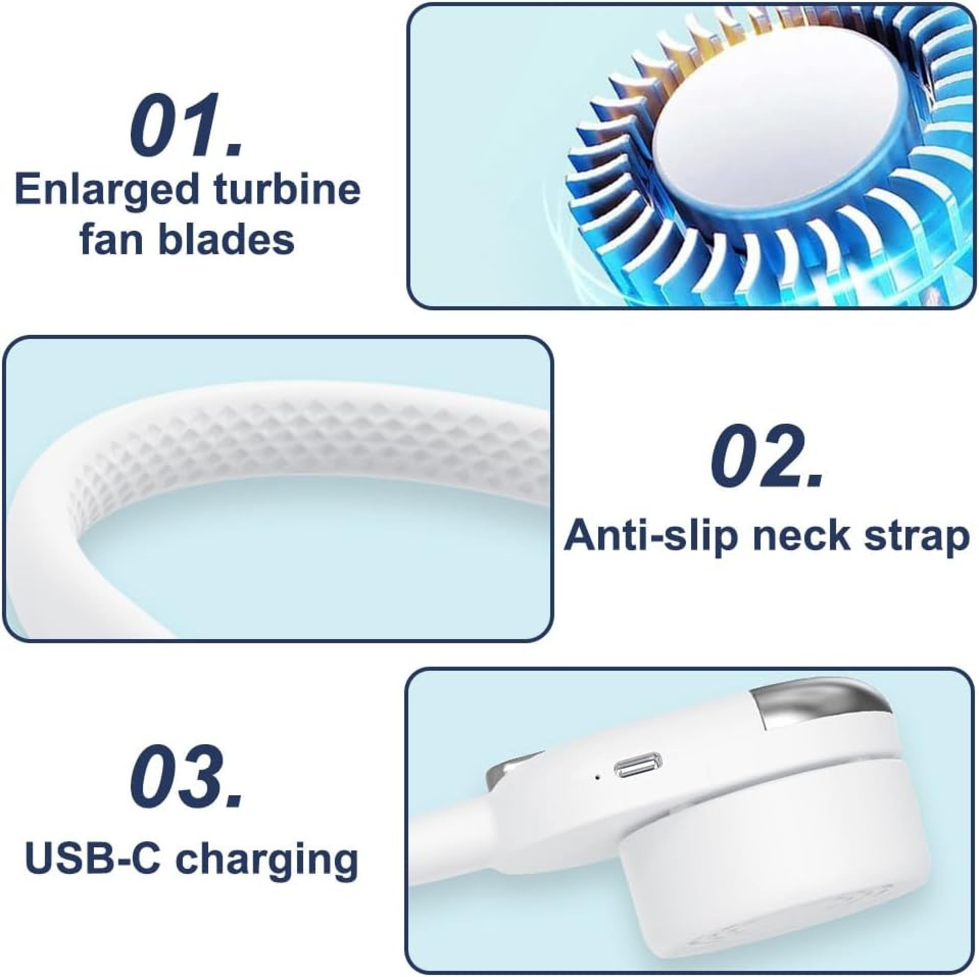 Turbinenlüfter, Nackenband, USB-C-Anschluss.